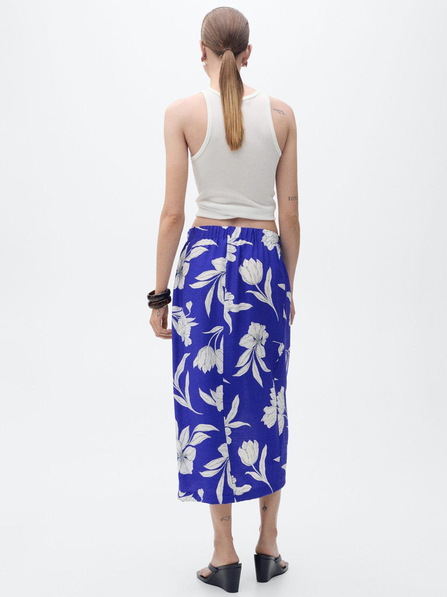 Product image 4 of 8, which shows Mango Pareo Floral Print Wrap Midi Skirt, Medium Blue, XXXL