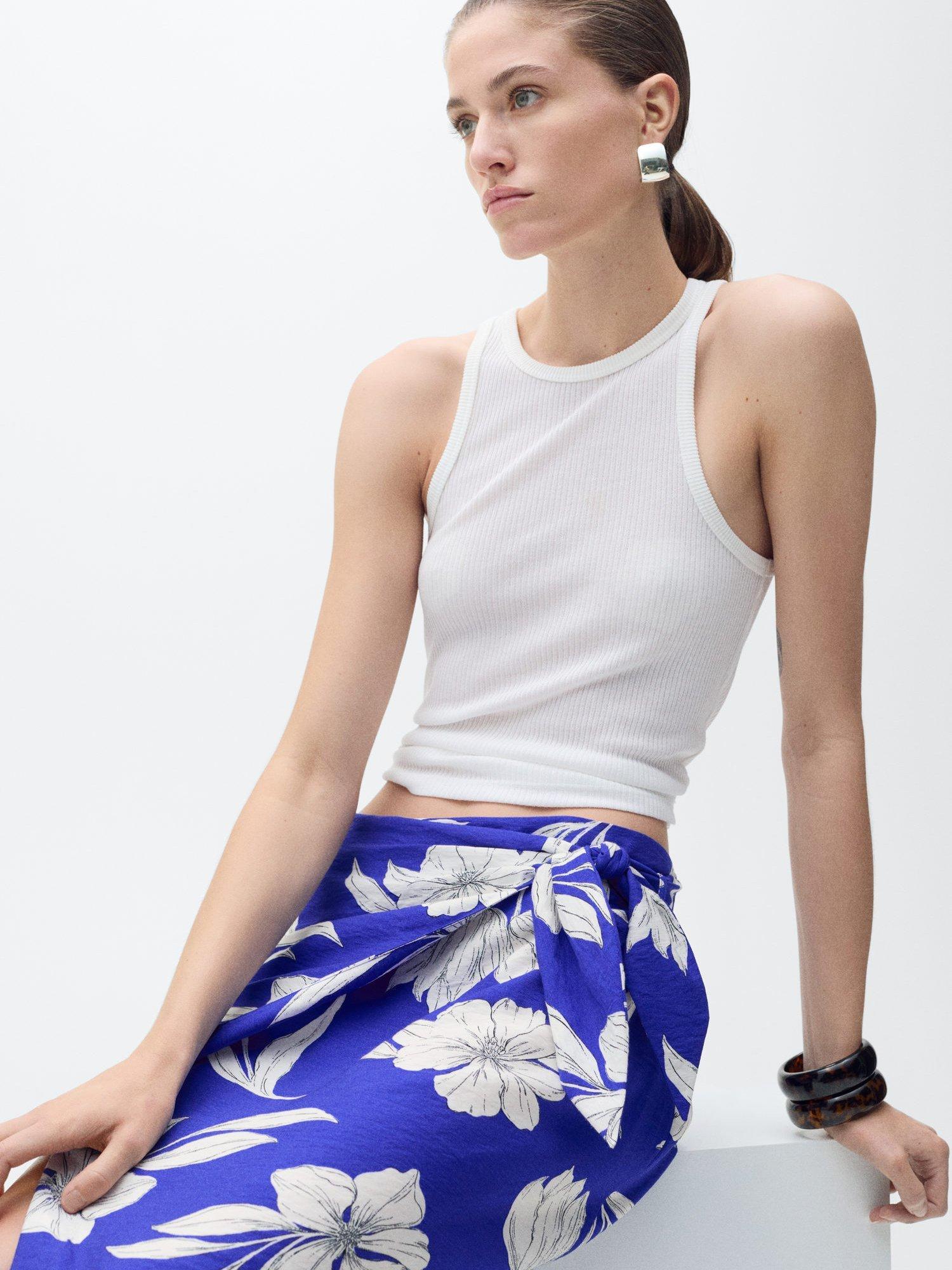 Product image 6 of 8, which shows Mango Pareo Floral Print Wrap Midi Skirt, Medium Blue, XXXL