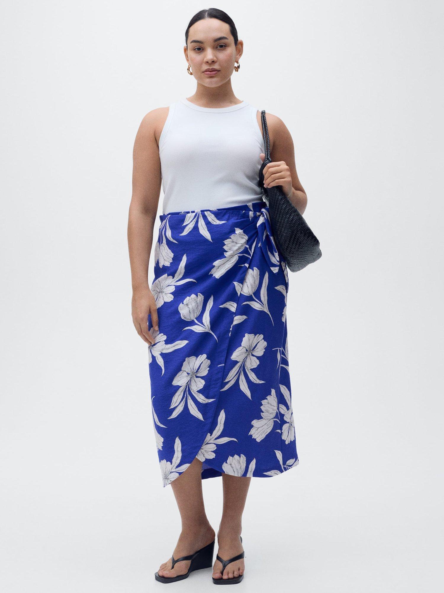 Product image 7 of 8, which shows Mango Pareo Floral Print Wrap Midi Skirt, Medium Blue, XXXL