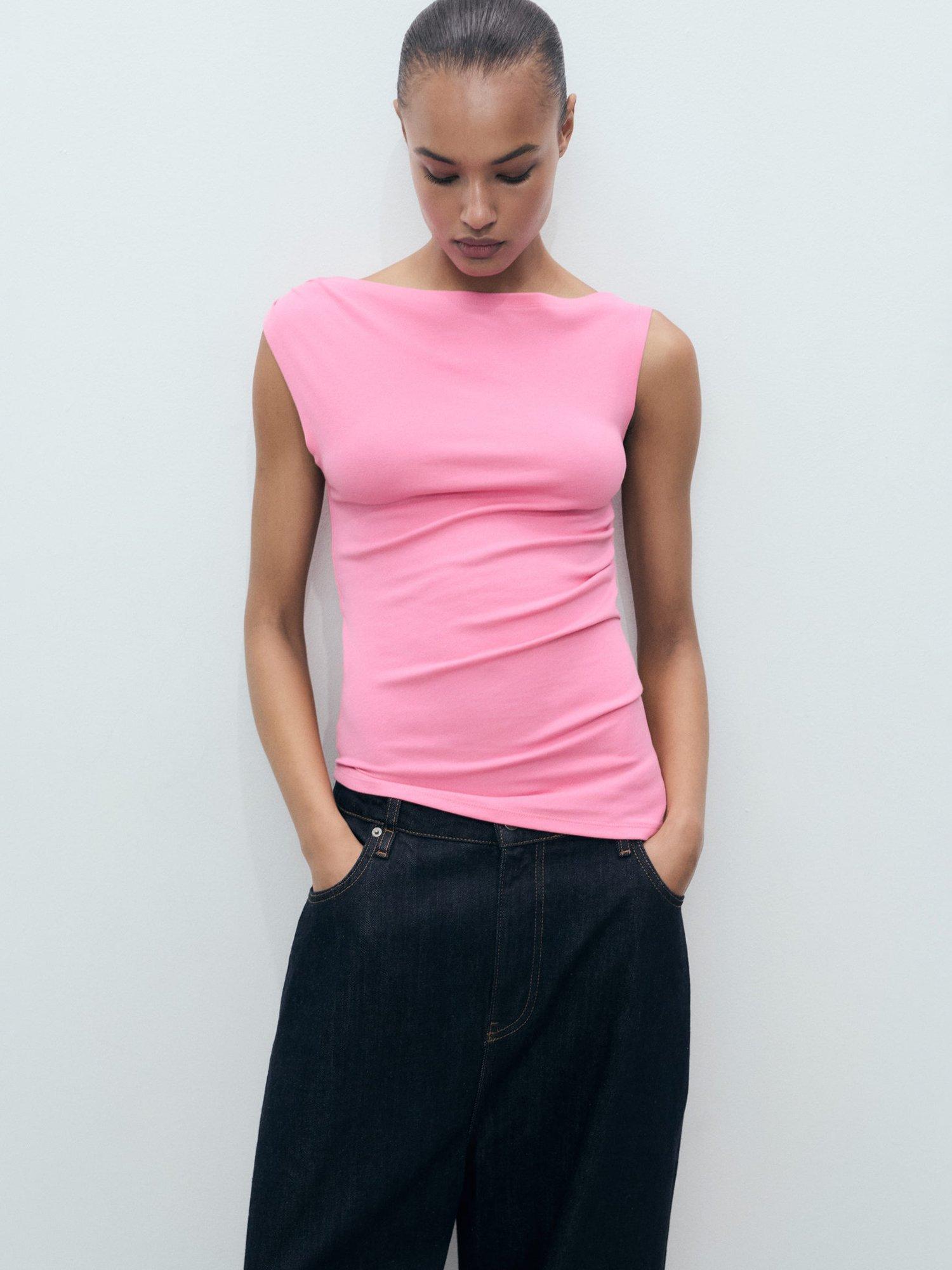 Product image 1 of 7, which shows Mango Juls Drape Sleeveless Top, Pink, XS