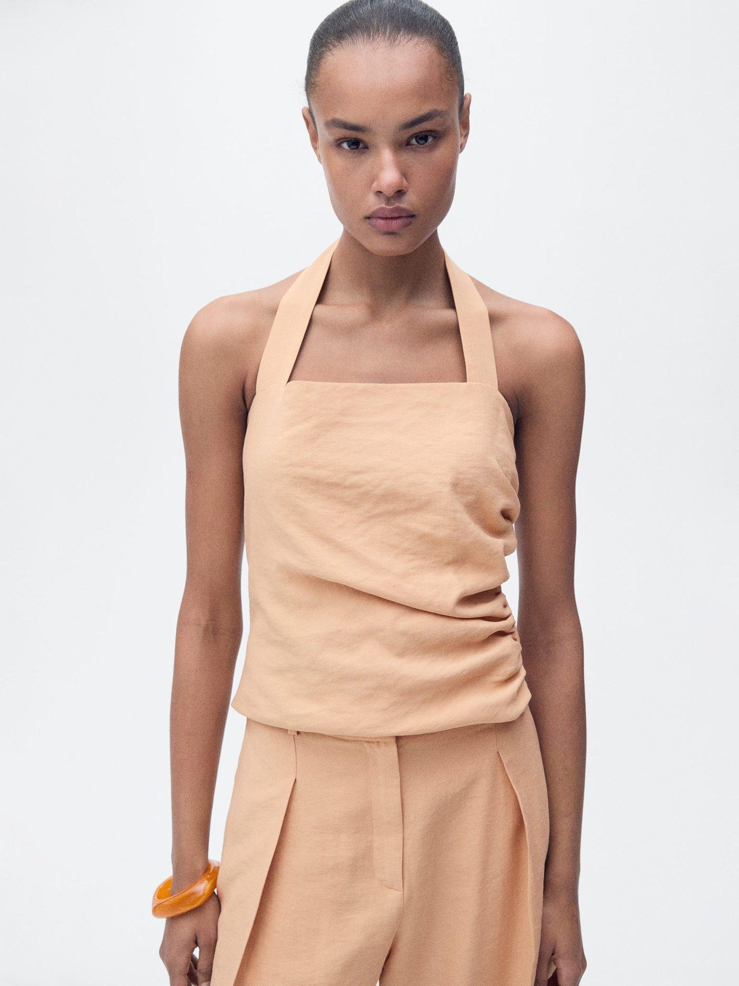 Product image 2 of 8, which shows Mango Madame Gathered Side Top, Tan, L