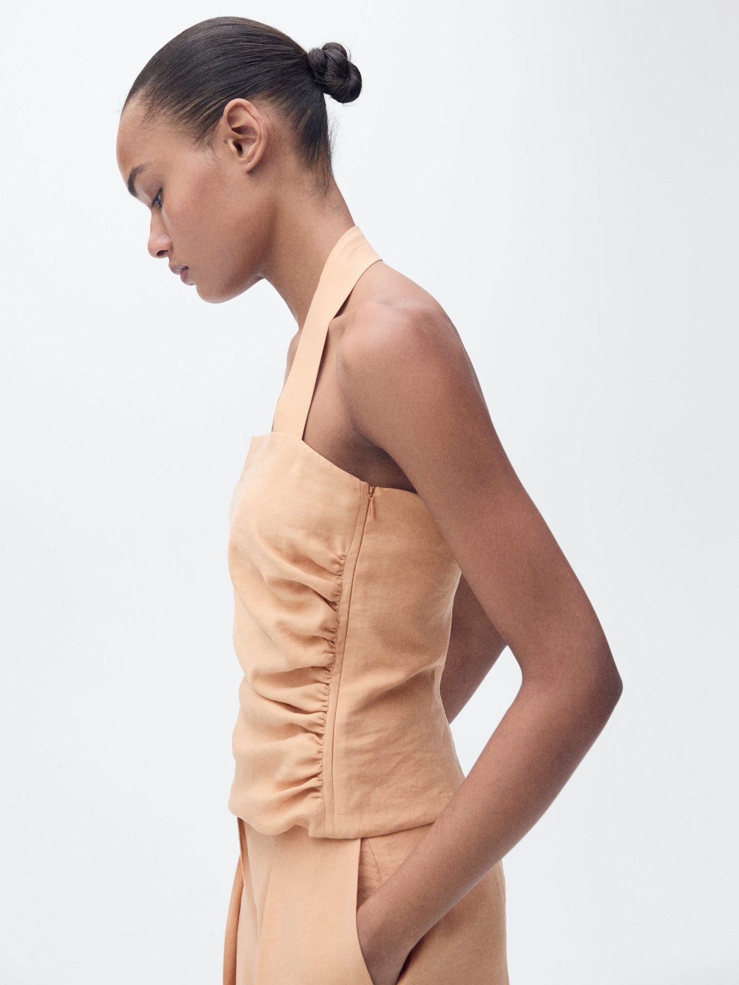 Product image 7 of 8, which shows Mango Madame Gathered Side Top, Tan, L