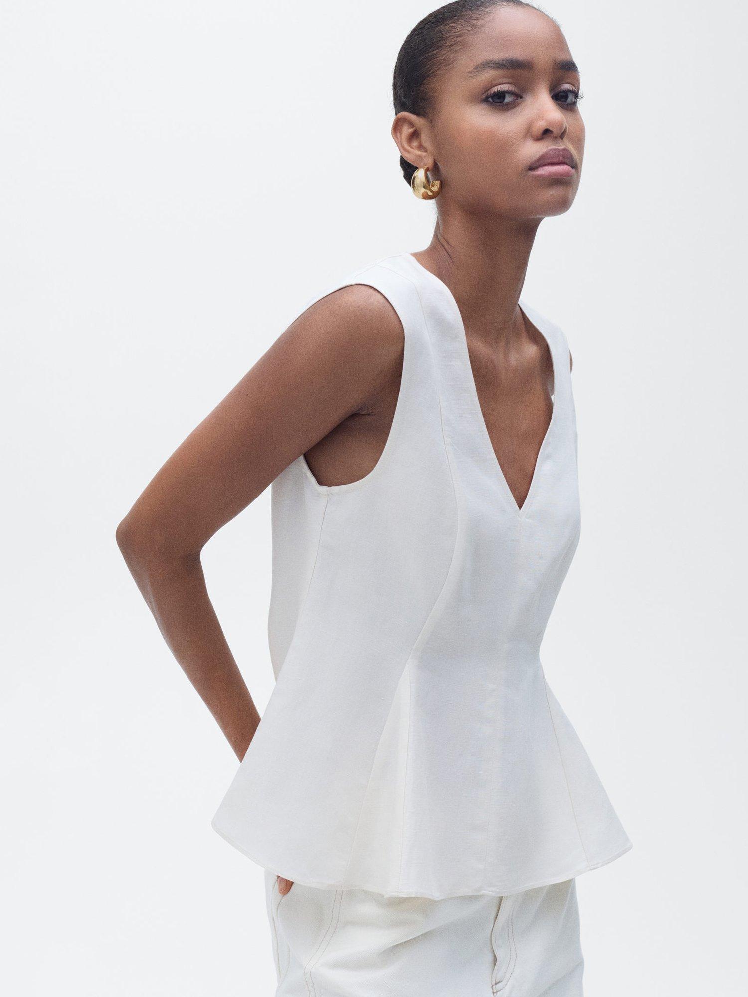 Product image 1 of 8, which shows Mango Pep Sleeveless V Neck Top, Light Beige, XXS