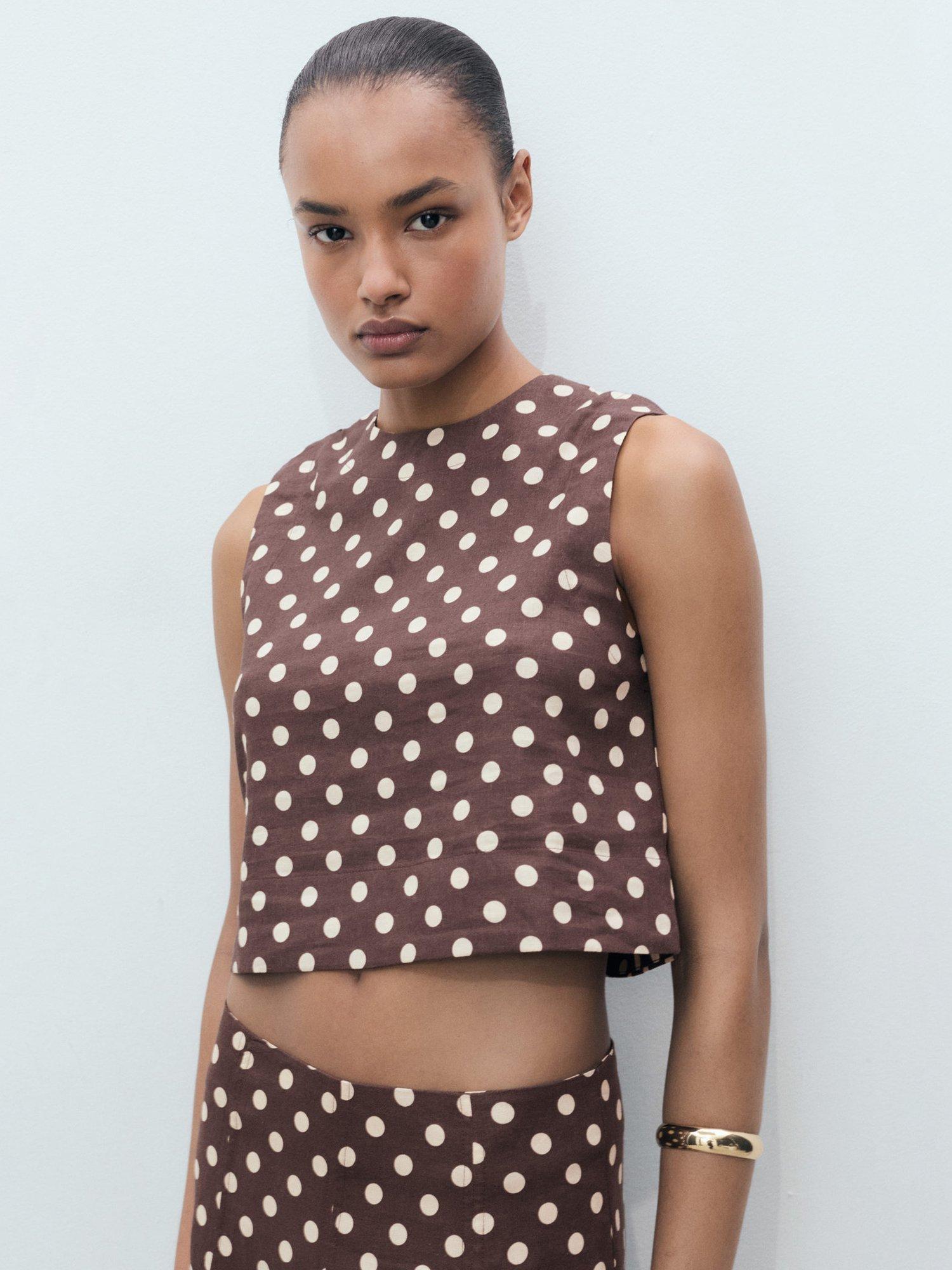 Mango Romeo Polka Dot Linen Rich Top, Dark Brown/White