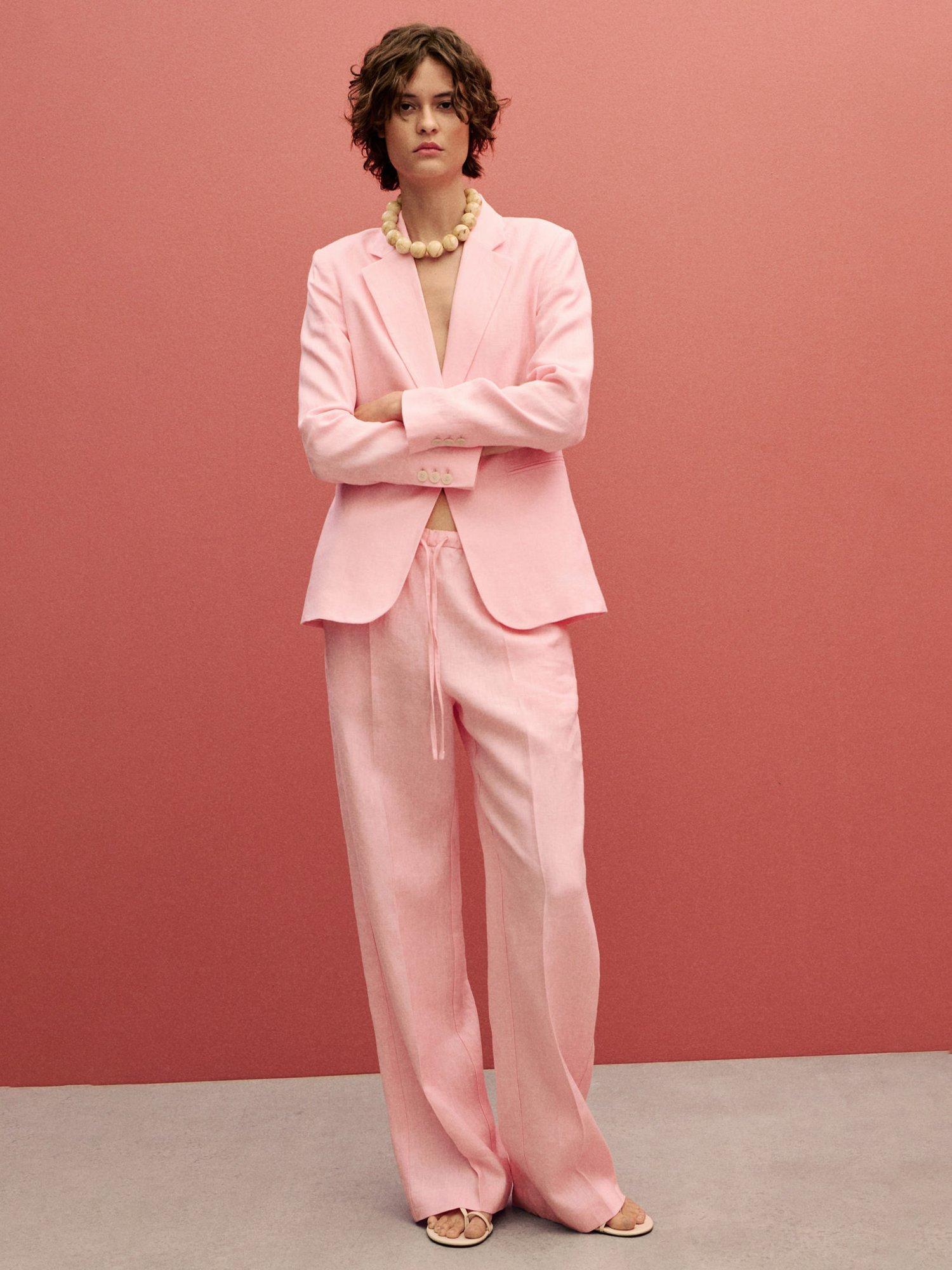 Product image 1 of 7, which shows Mango Alada Straight Pure Linen Trousers, Pastel Pink, XXS