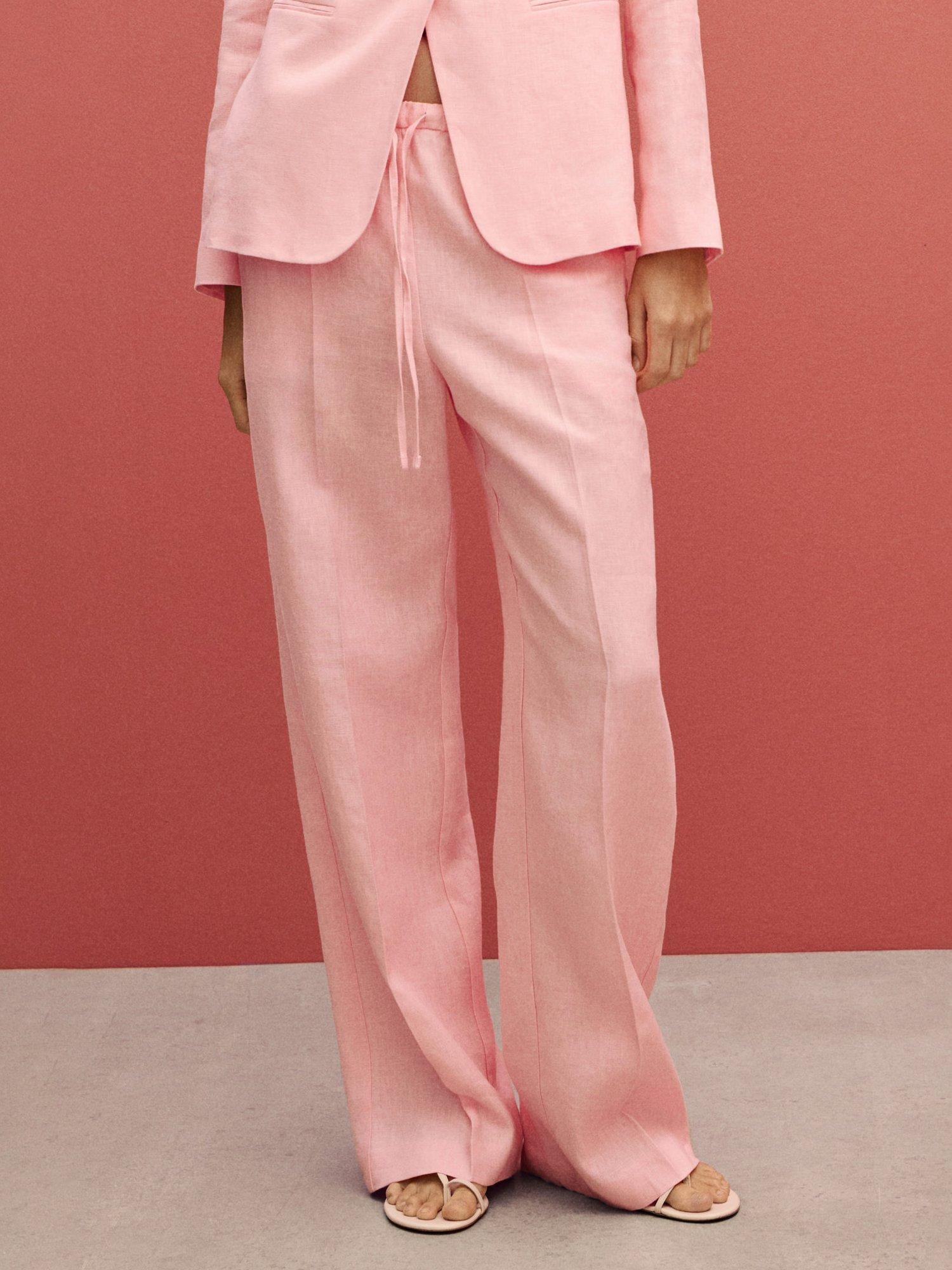 Product image 2 of 7, which shows Mango Alada Straight Pure Linen Trousers, Pastel Pink, XXS