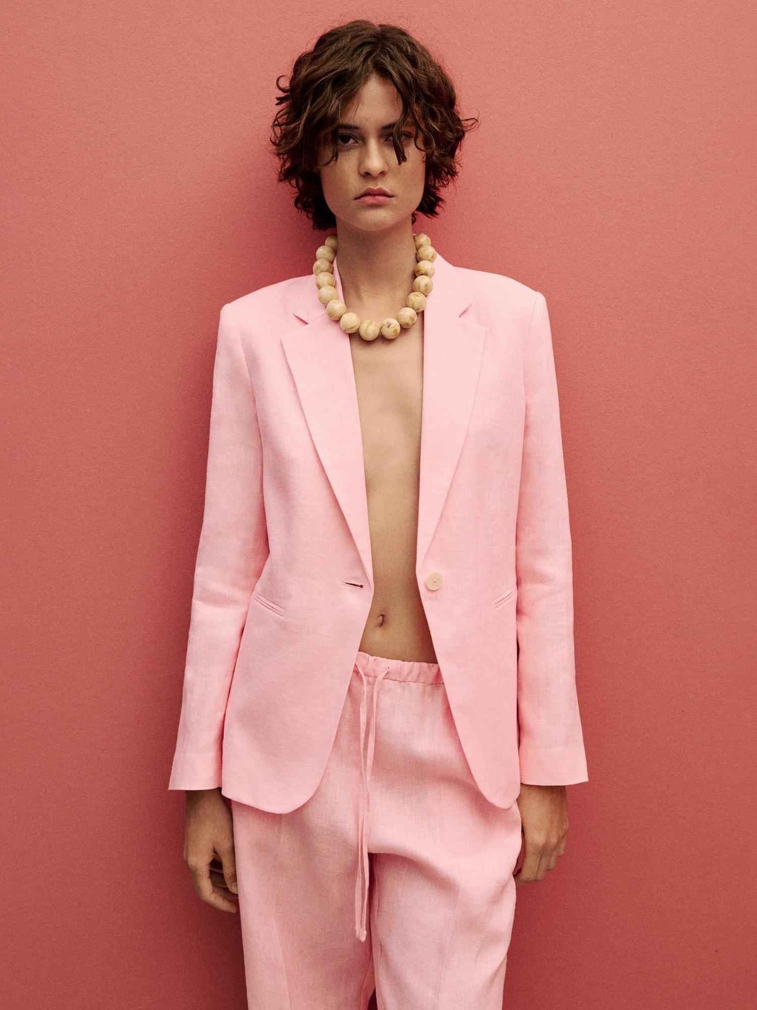 Product image 6 of 7, which shows Mango Alada Straight Pure Linen Trousers, Pastel Pink, XXS