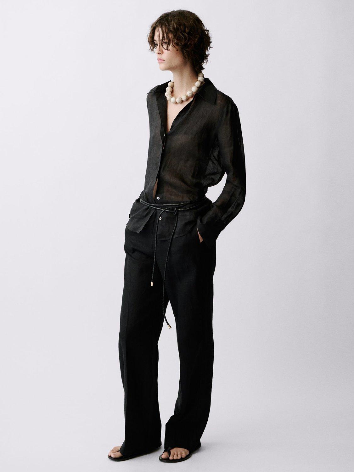 Product image 1 of 6, which shows Mango Alada Straight Pure Linen Trousers, Black, XS