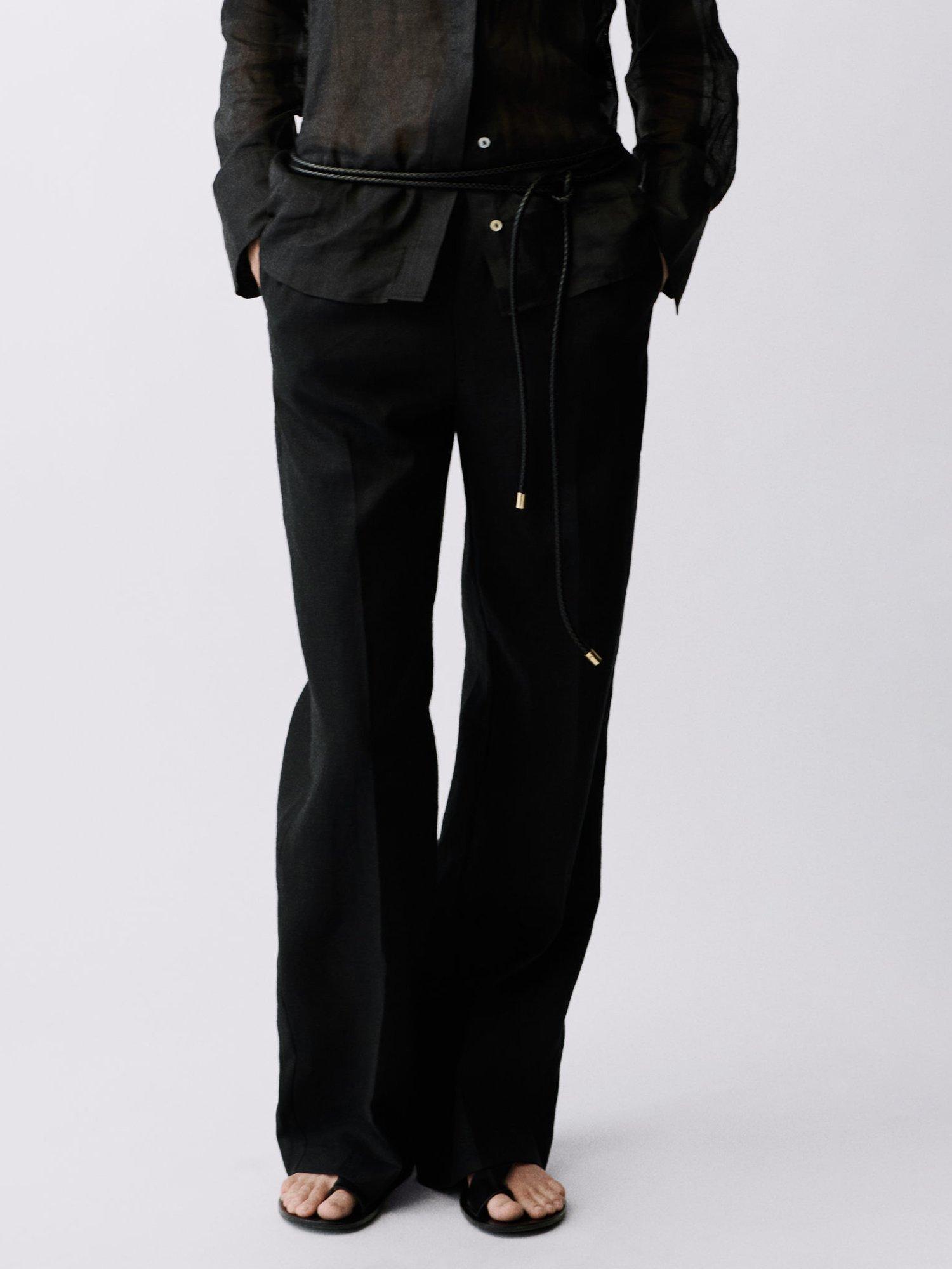 Product image 2 of 6, which shows Mango Alada Straight Pure Linen Trousers, Black, XS