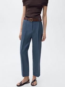 Mango Brunoli Straight Pure Linen Trousers, Medium Blue - view 2, Medium Blue