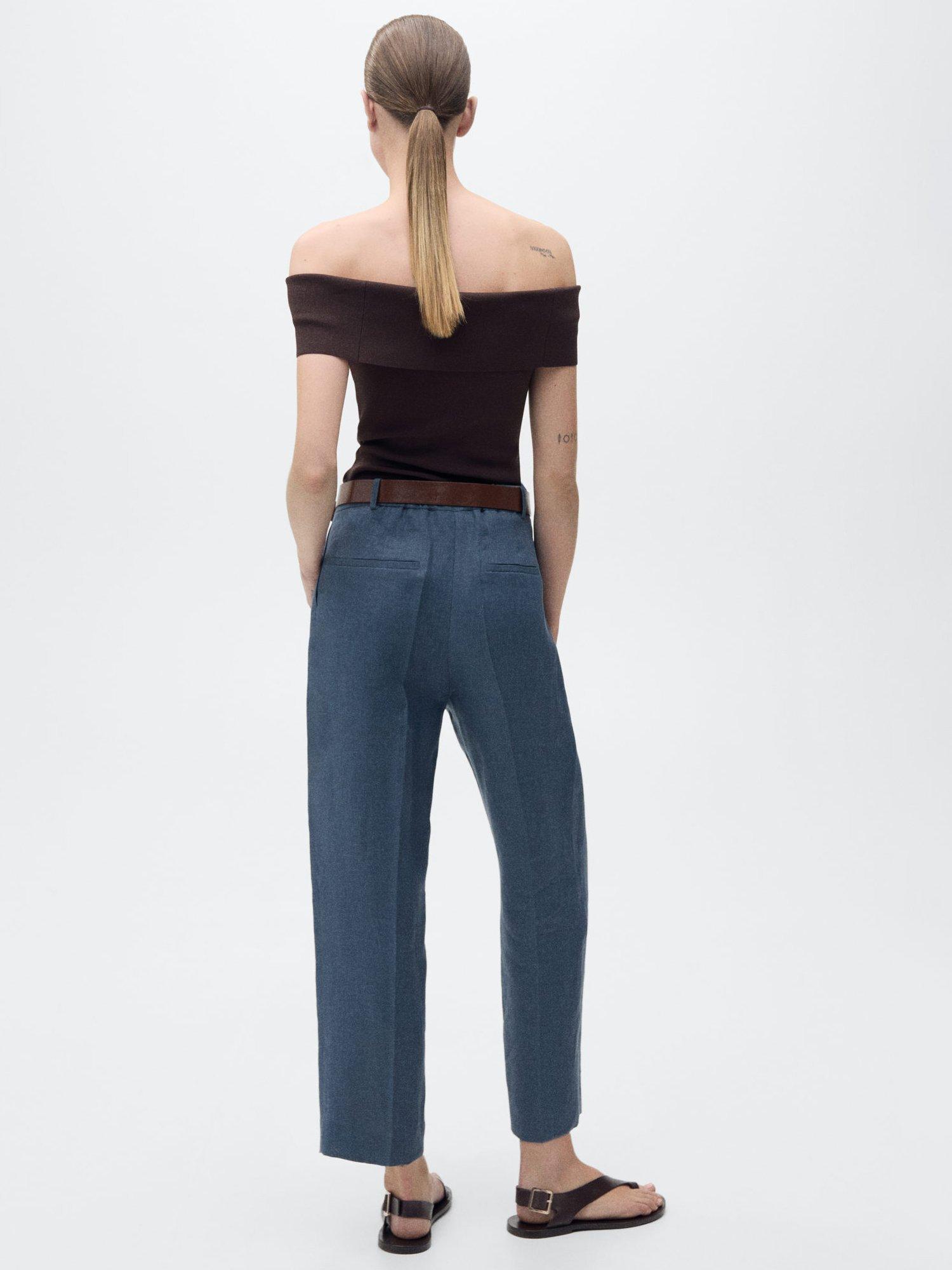 Product image 4 of 6, which shows Mango Brunoli Straight Pure Linen Trousers, Medium Blue, 10