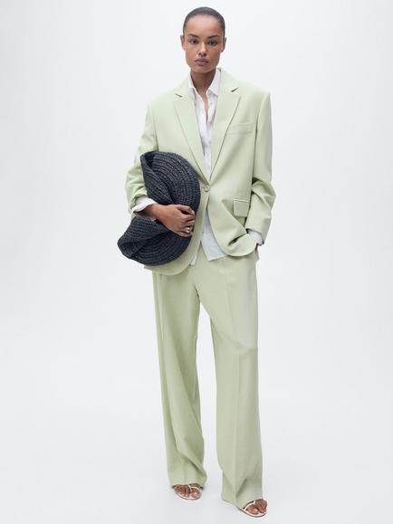 Mango Pleat Straight Tailored Trousers, Green, Green