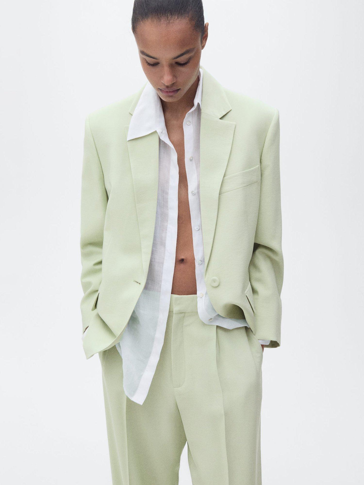 Product image 6 of 7, which shows Mango Pleat Straight Tailored Trousers, Green, 10