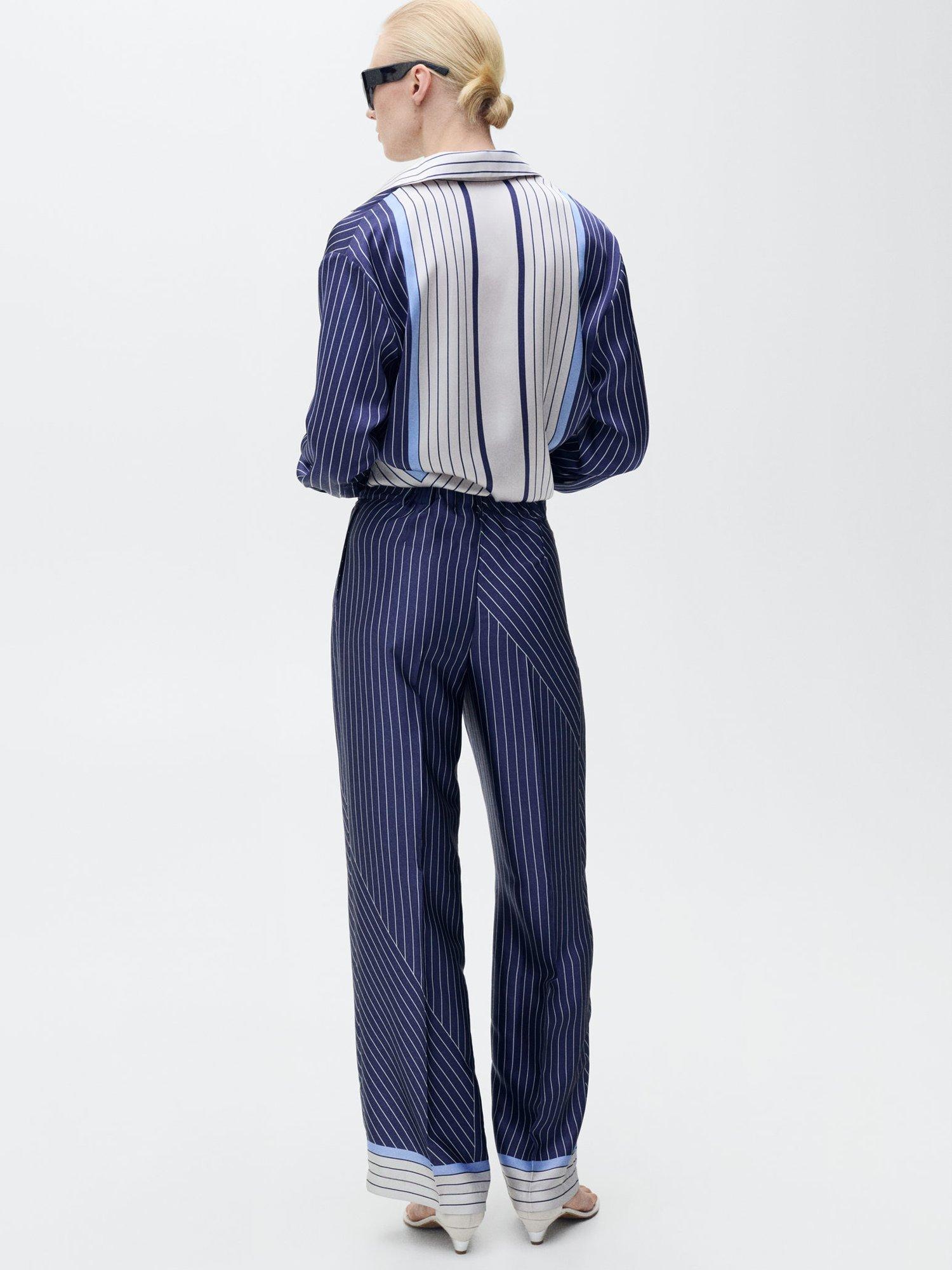 Product image 4 of 8, which shows Mango Shirty Stripe Satin Trousers, Medium Blue, L
