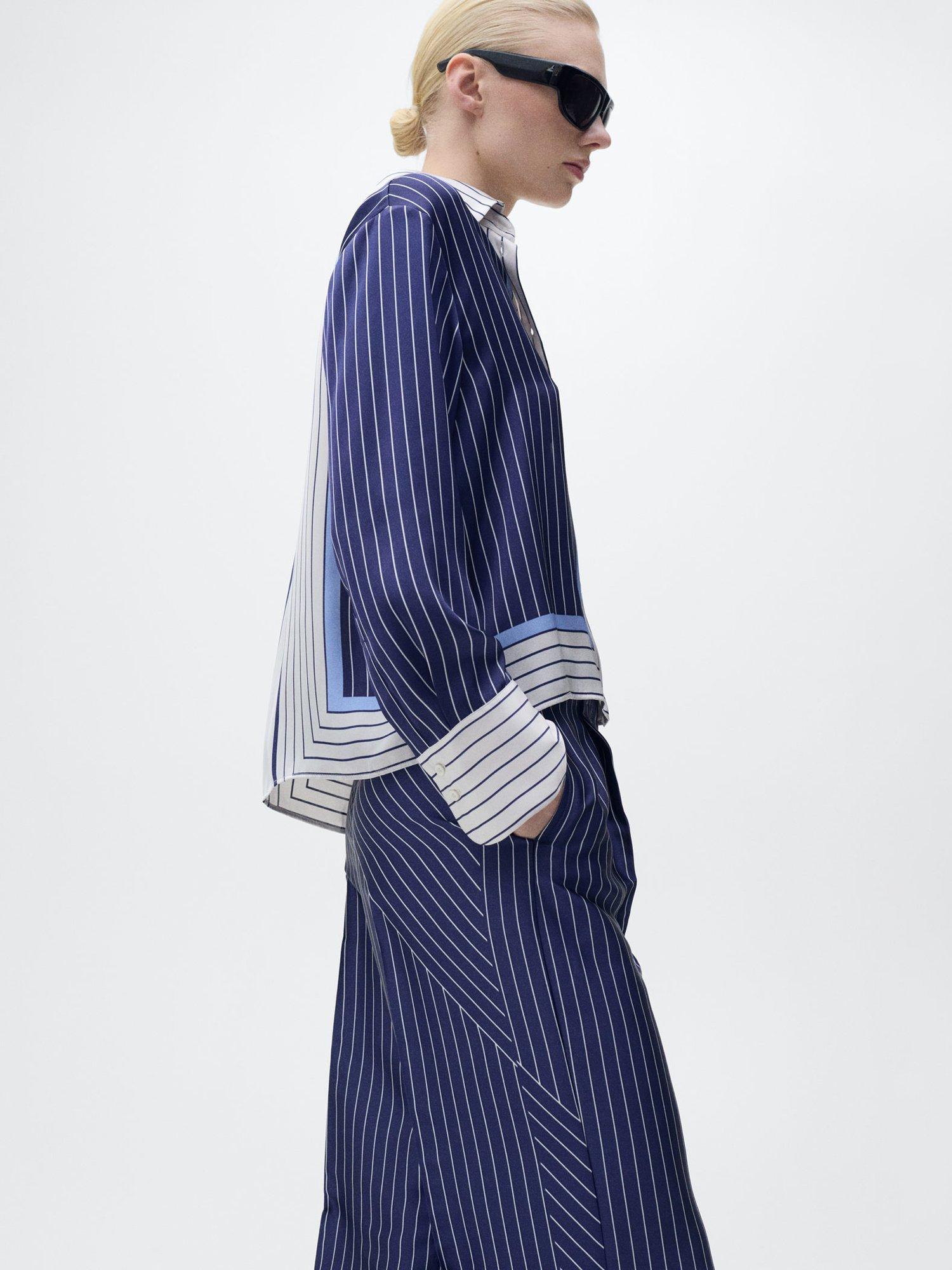 Product image 6 of 8, which shows Mango Shirty Stripe Satin Trousers, Medium Blue, L