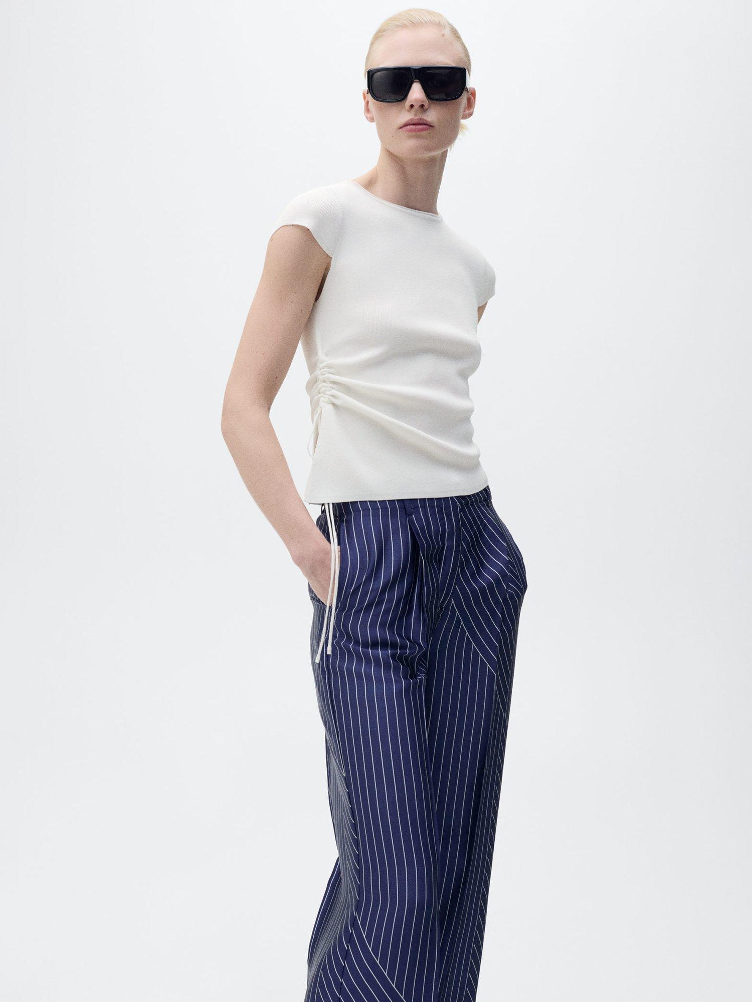 Product image 7 of 8, which shows Mango Shirty Stripe Satin Trousers, Medium Blue, L