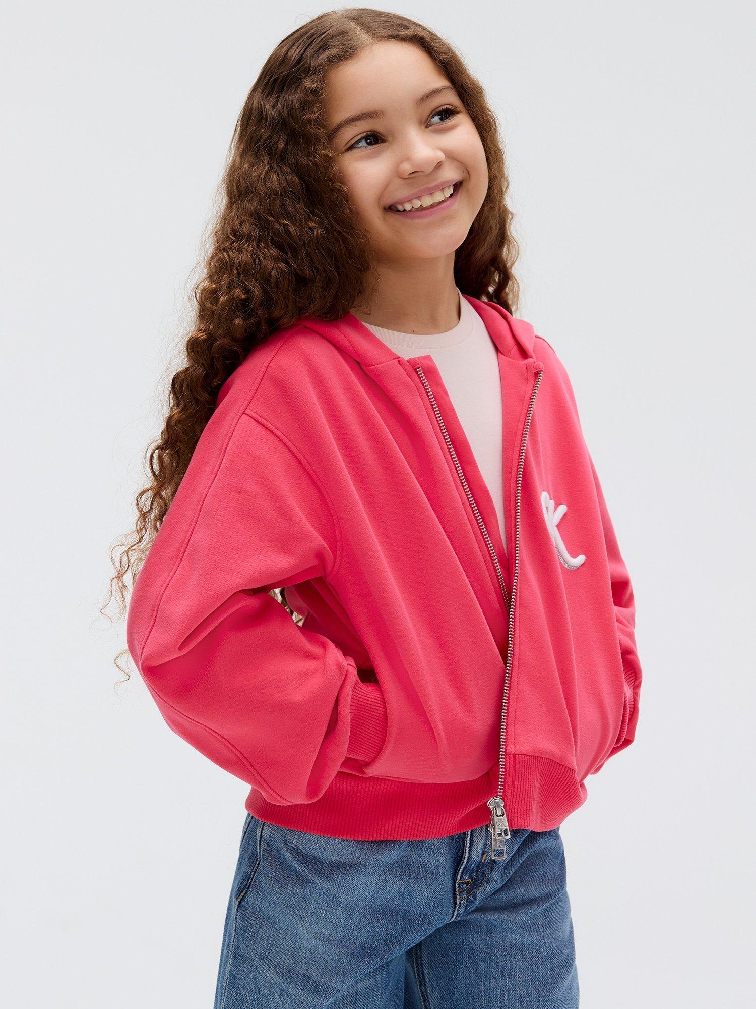 Product image 1 of 5, which shows Calvin Klein Kids' Cotton Blend Zipped Relaxed Fit Hoodie, Teaberry, 10 years