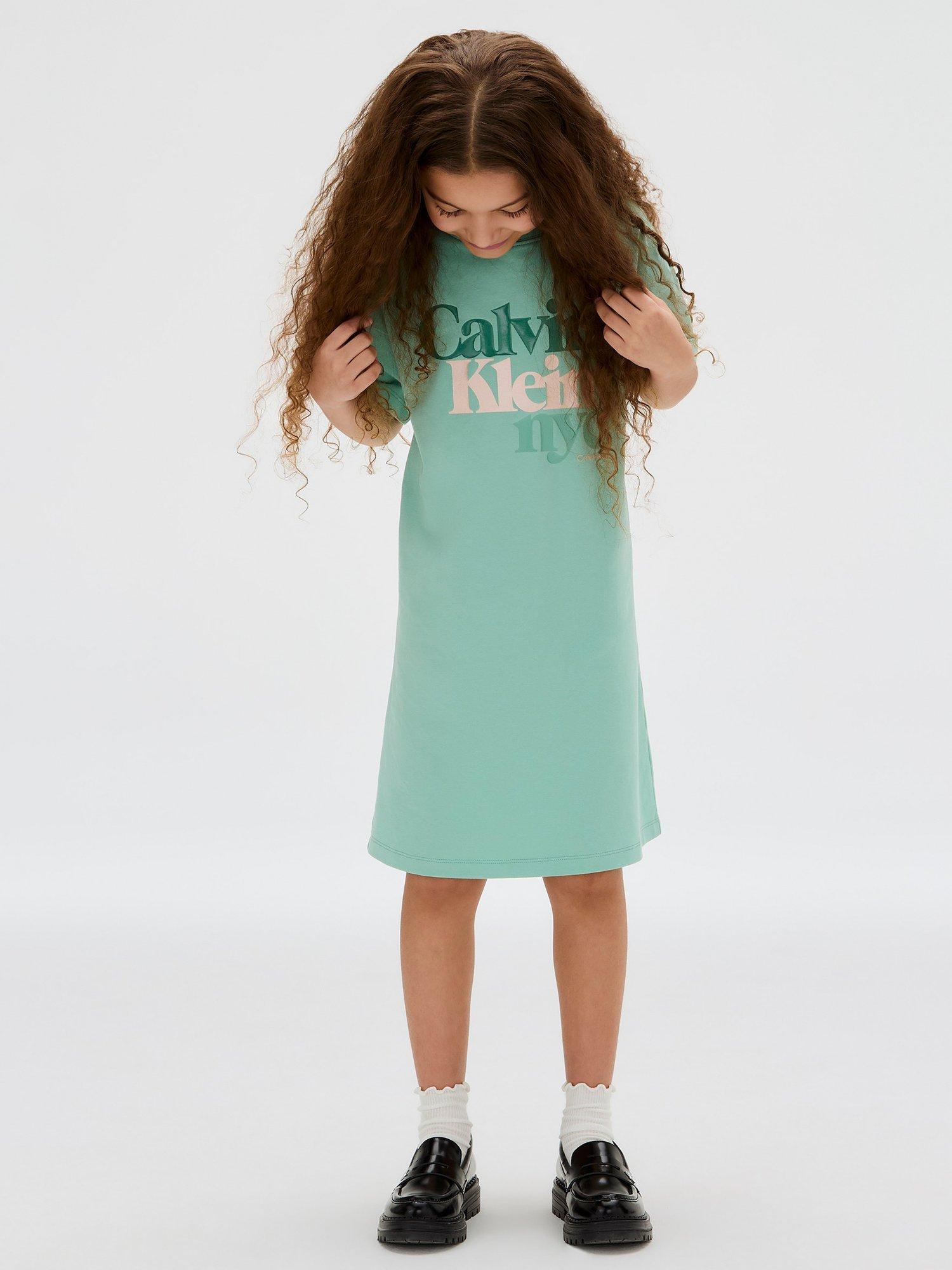 Product image 3 of 5, which shows Calvin Klein Kids' Cotton Short Sleeved T-shirt Dress, Tickled Green, 10 years