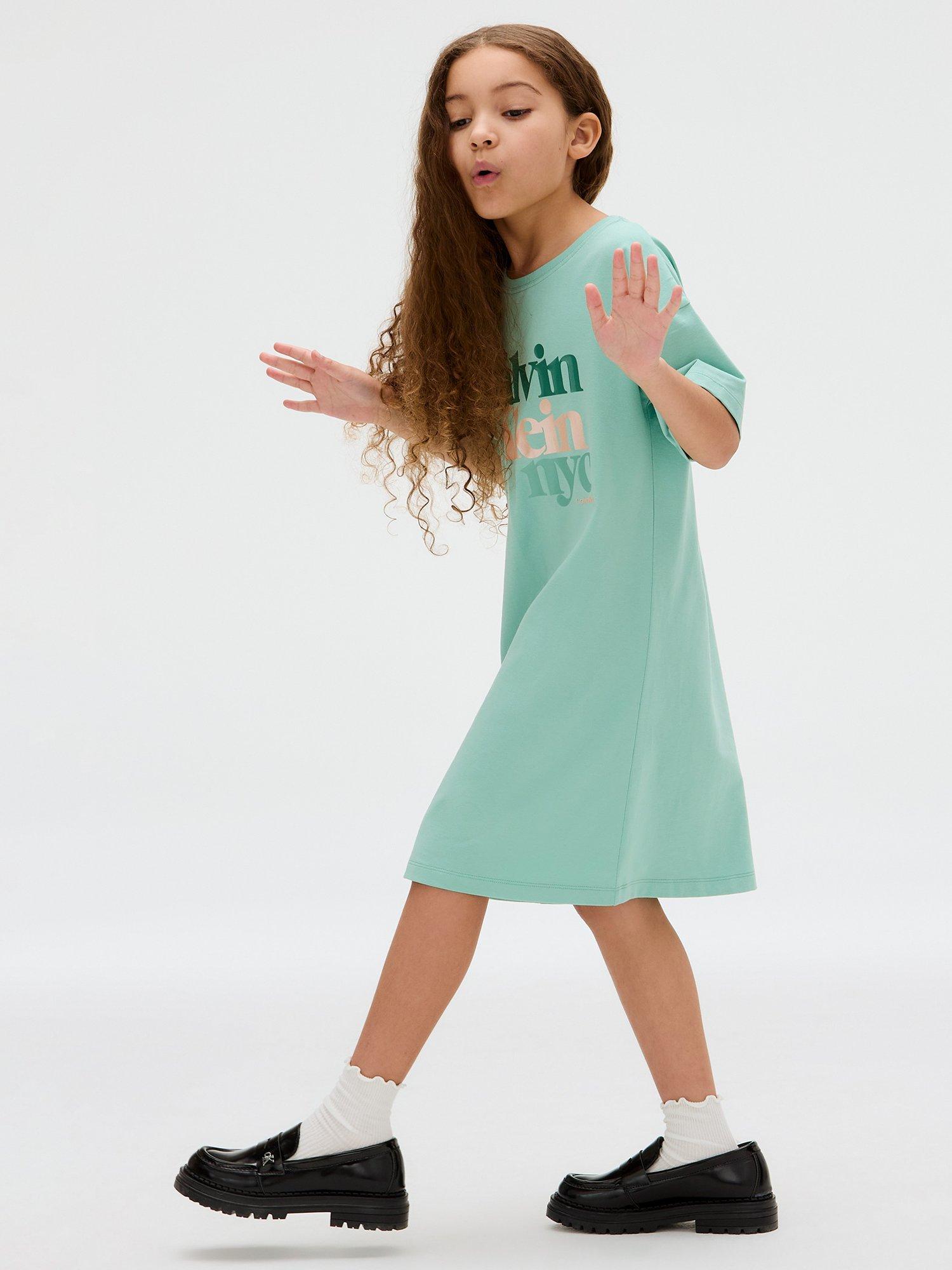 Product image 4 of 5, which shows Calvin Klein Kids' Cotton Short Sleeved T-shirt Dress, Tickled Green, 10 years