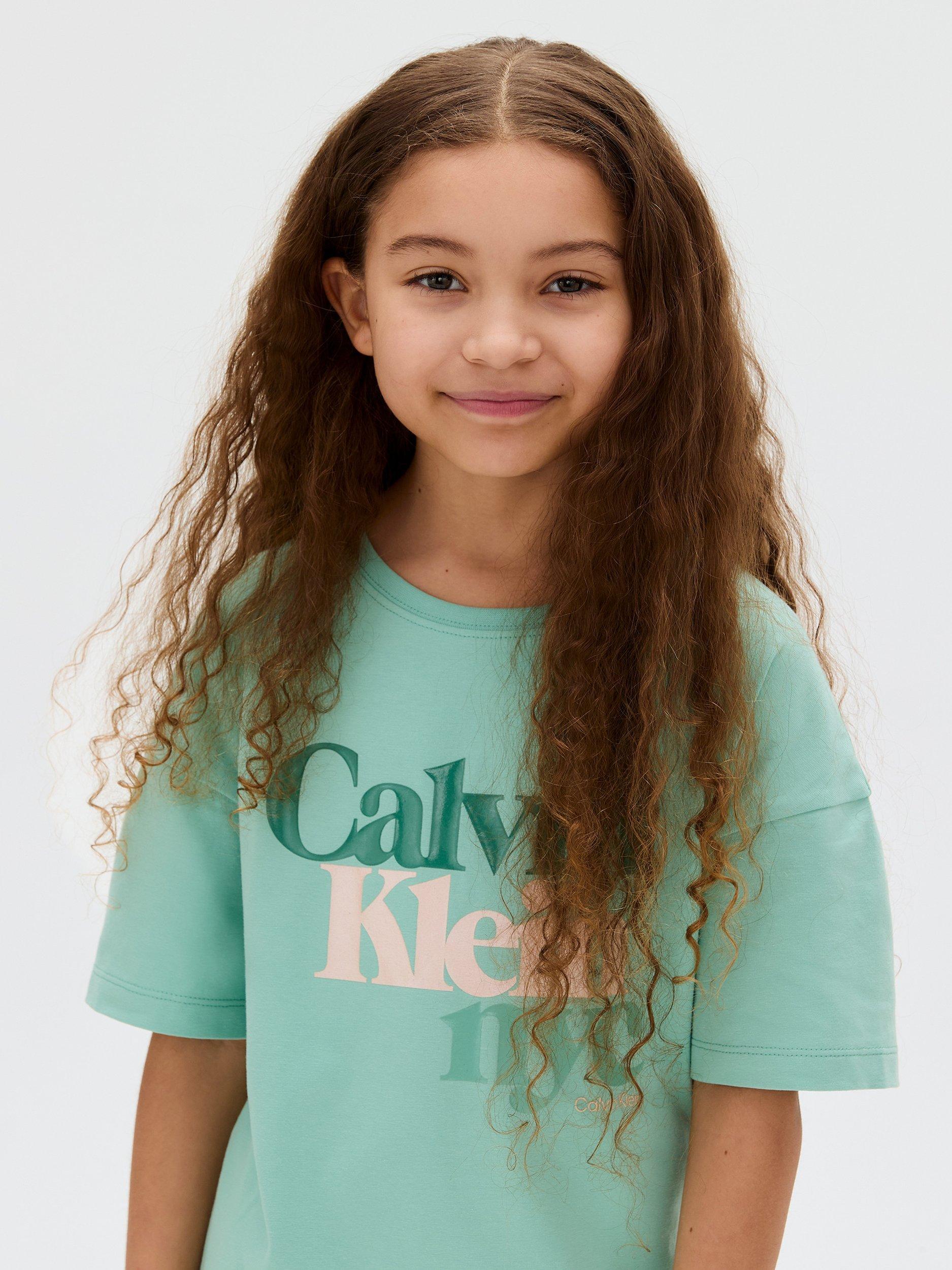 Product image 5 of 5, which shows Calvin Klein Kids' Cotton Short Sleeved T-shirt Dress, Tickled Green, 10 years