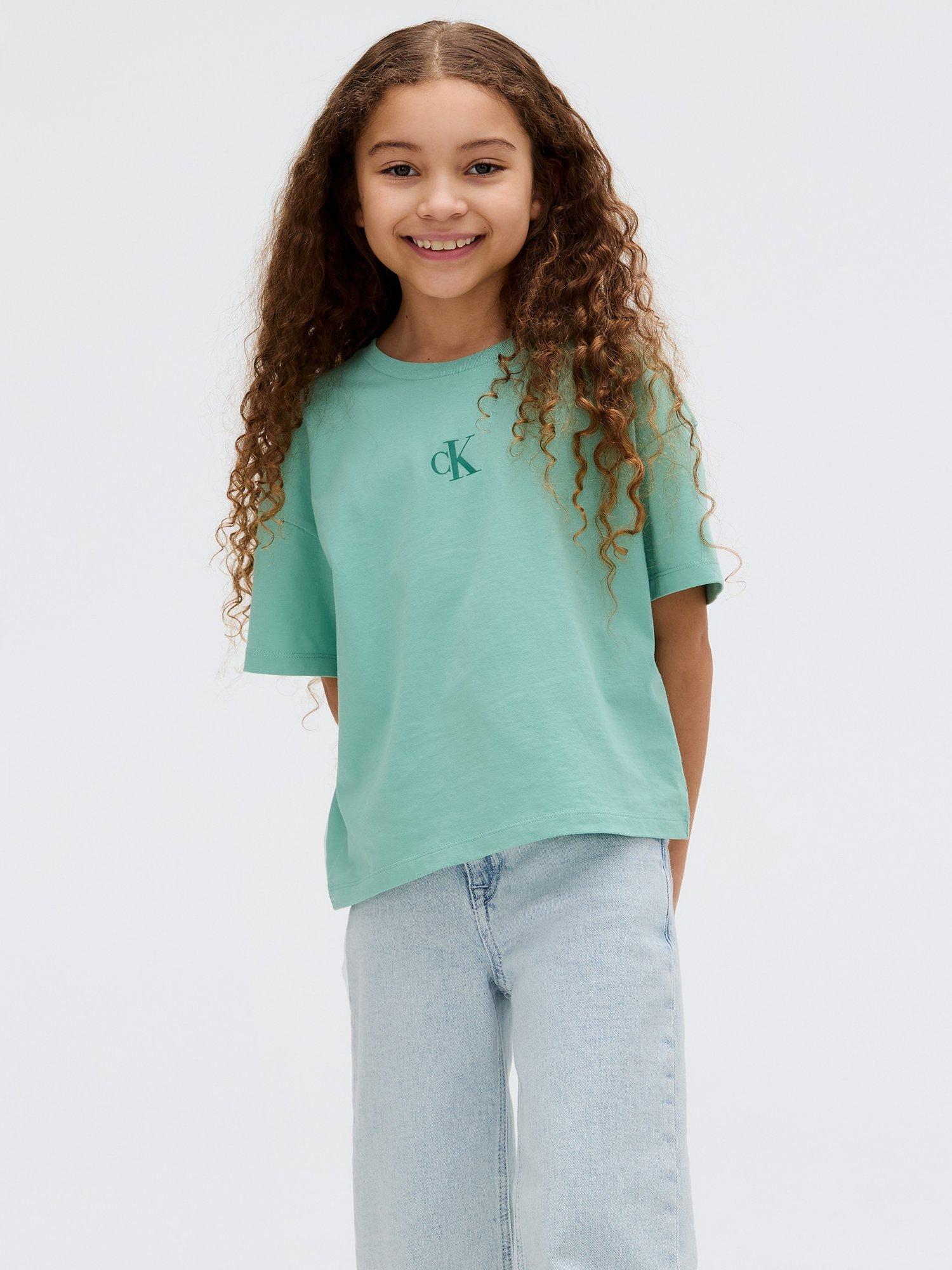 Product image 1 of 4, which shows Calvin Klein Kids' Cotton Round Neck T-Shirt, Tickled Green, 10 years
