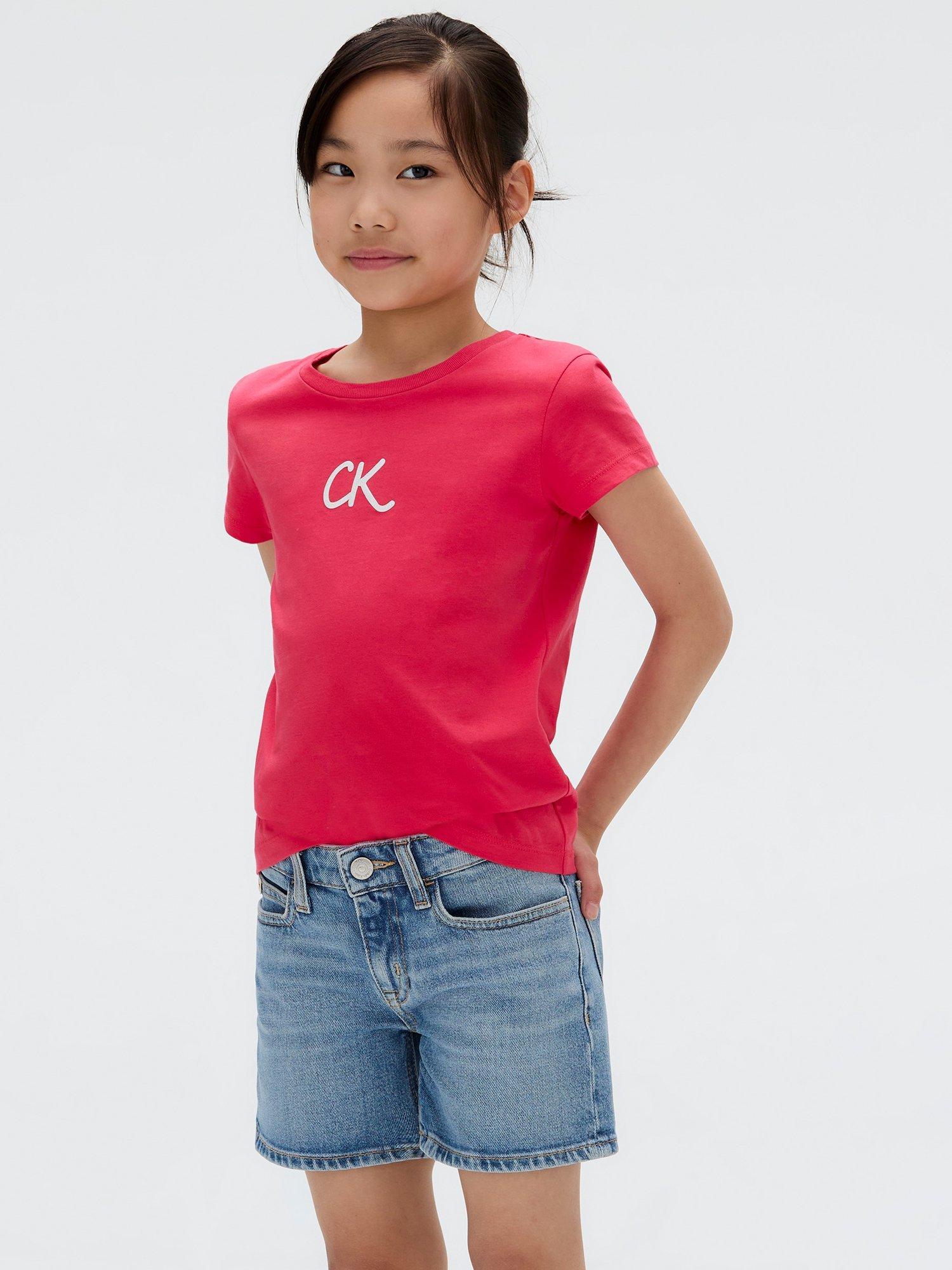 Product image 1 of 4, which shows Calvin Klein Kids' Cotton Glitter Logo T-Shirt, Teaberry, 10 years