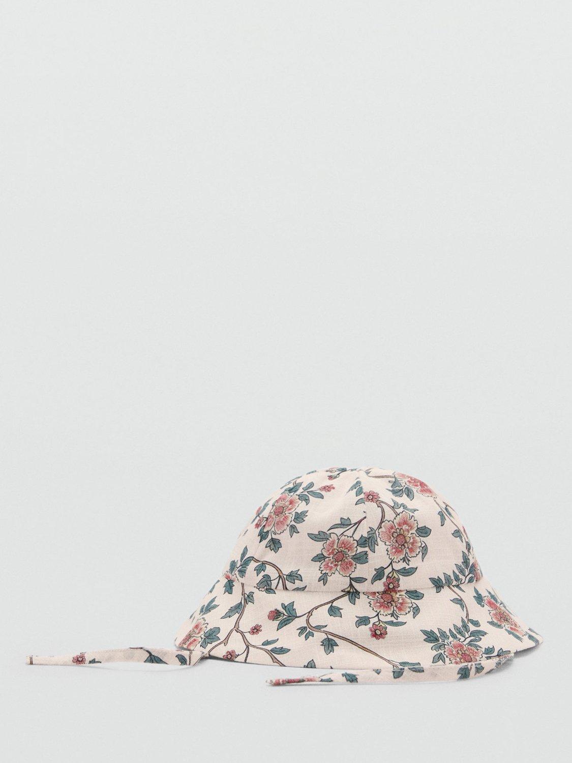 Product image 1 of 3, which shows Mango Baby Pimen Cotton Floral Bucket Hat, Light Beige, 2-6 months