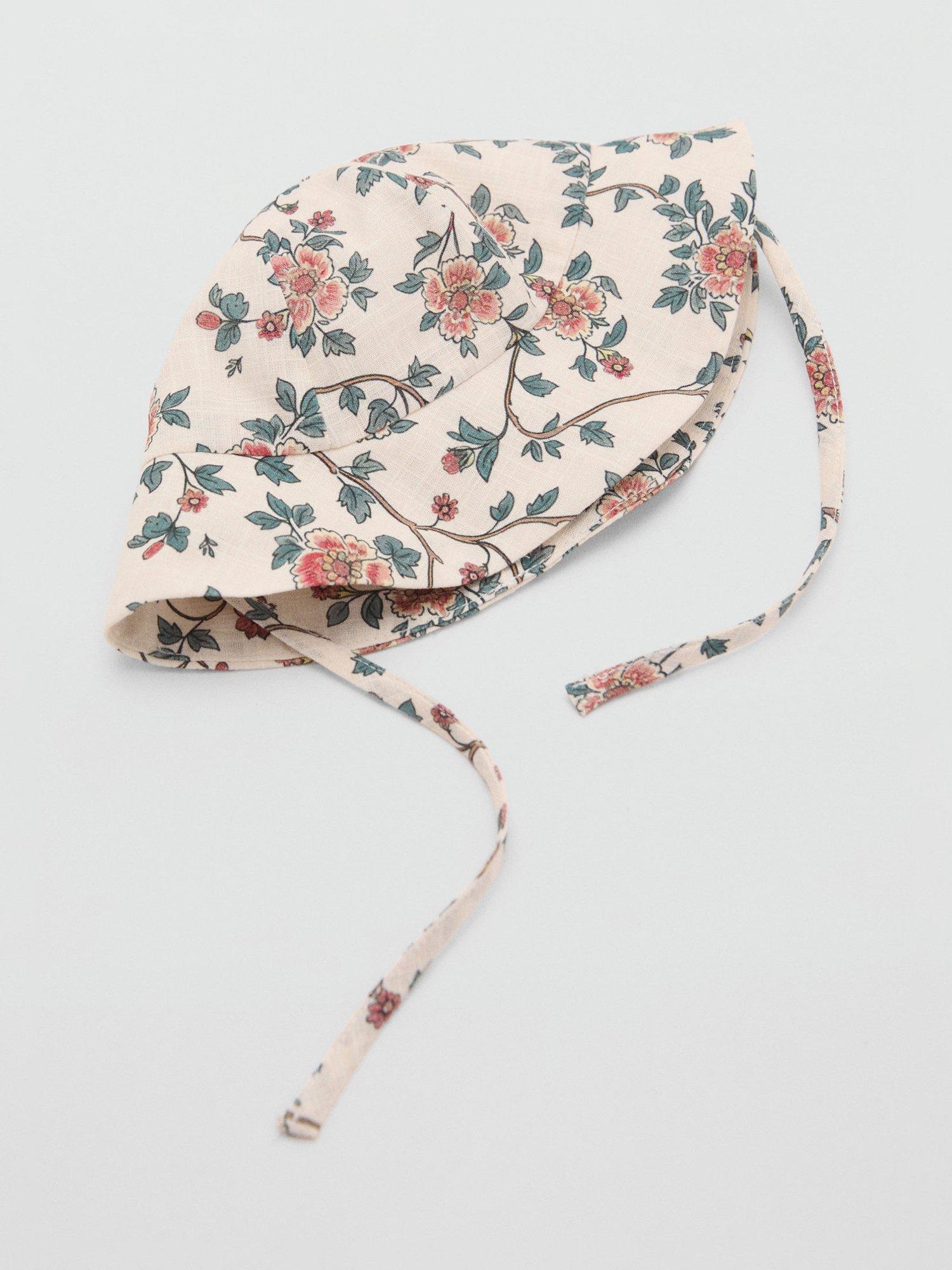 Product image 3 of 3, which shows Mango Baby Pimen Cotton Floral Bucket Hat, Light Beige, 2-6 months