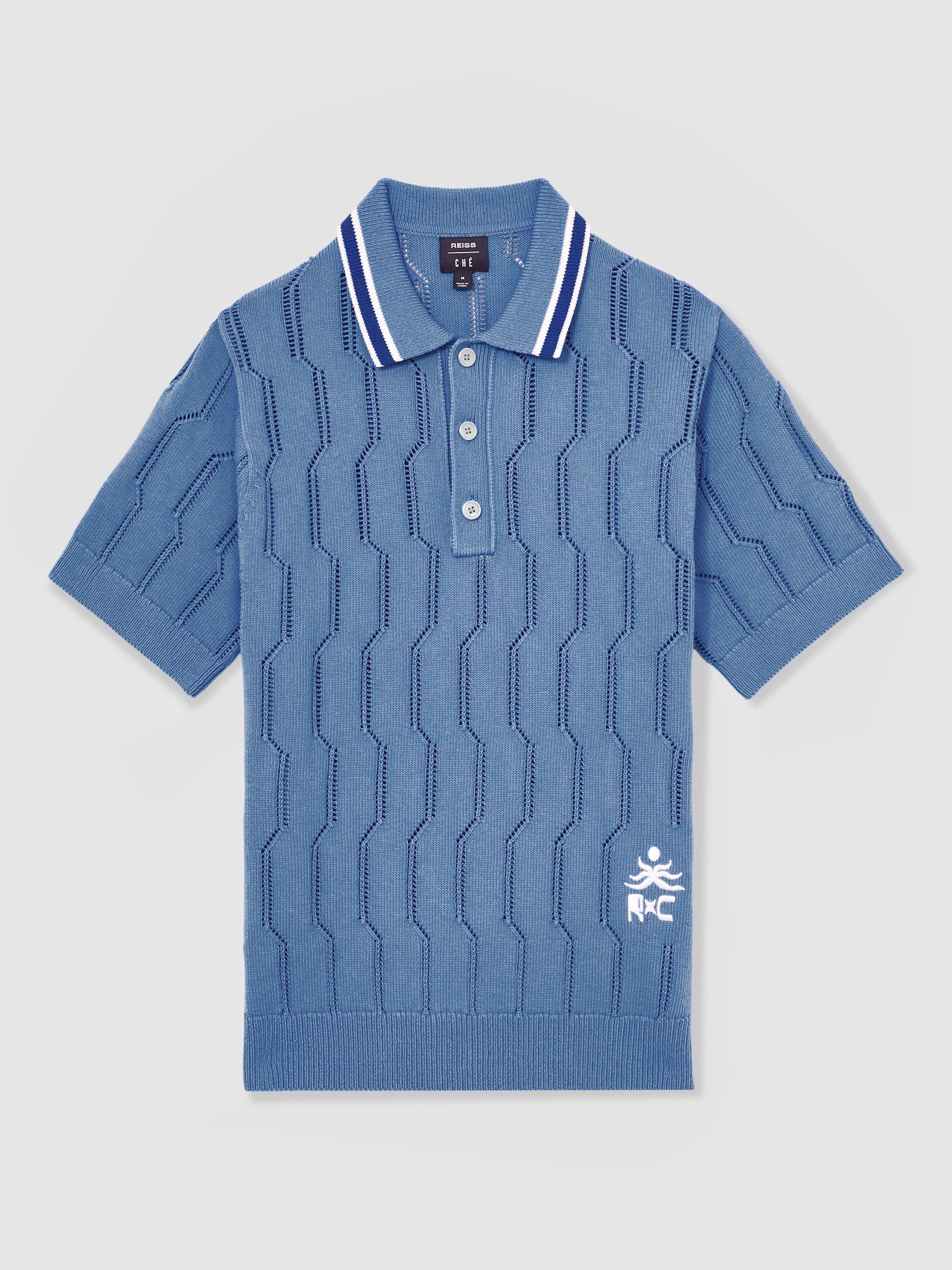 Product image 3 of 5, which shows Reiss x CHÉ Oasis Pointelle Knit Polo Shirt, Blue/Multi, L