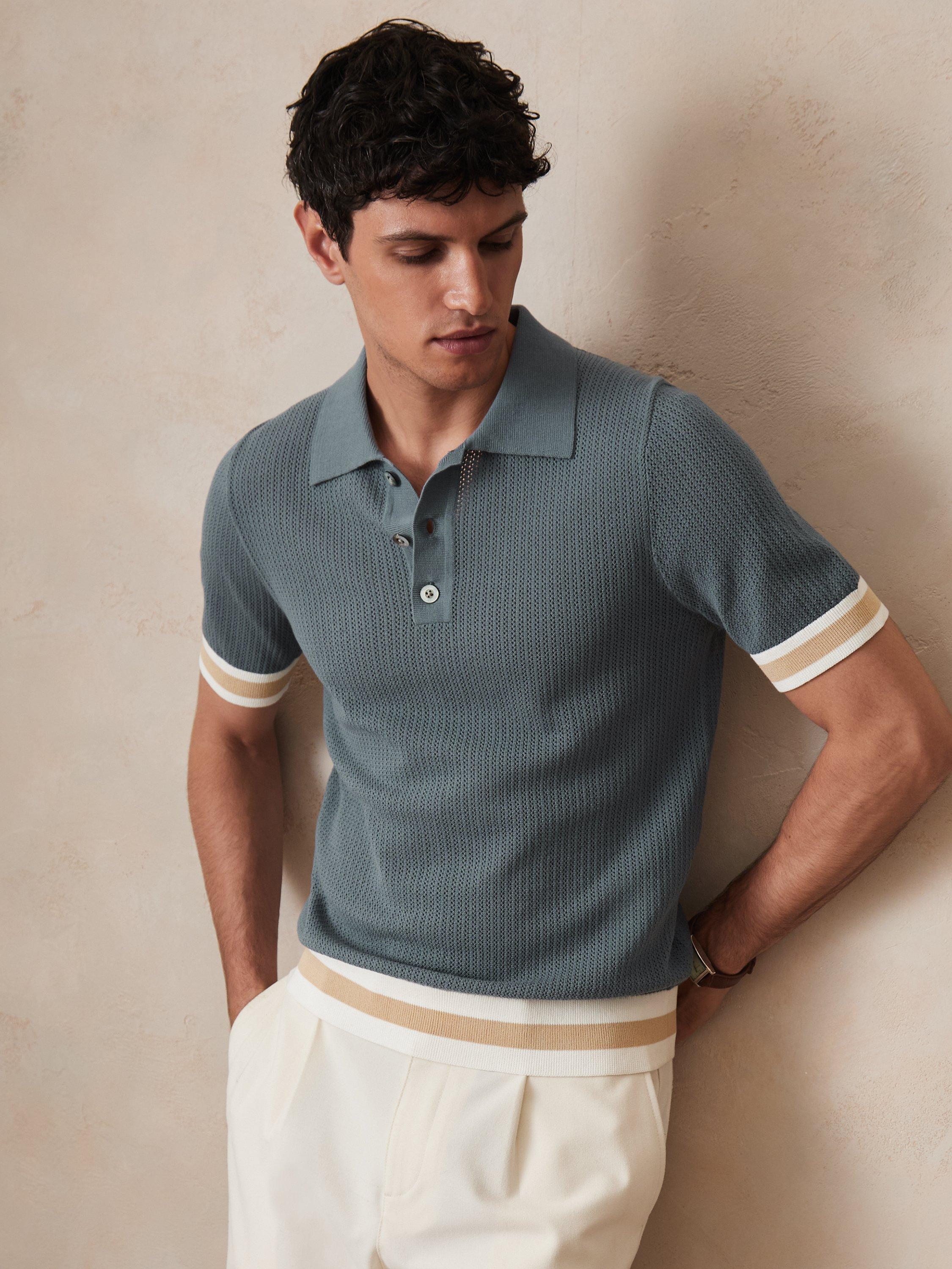 Reiss x CHÉ Quinn Cotton Knit Short Sleeved Polo Shirt, Blue/Multi