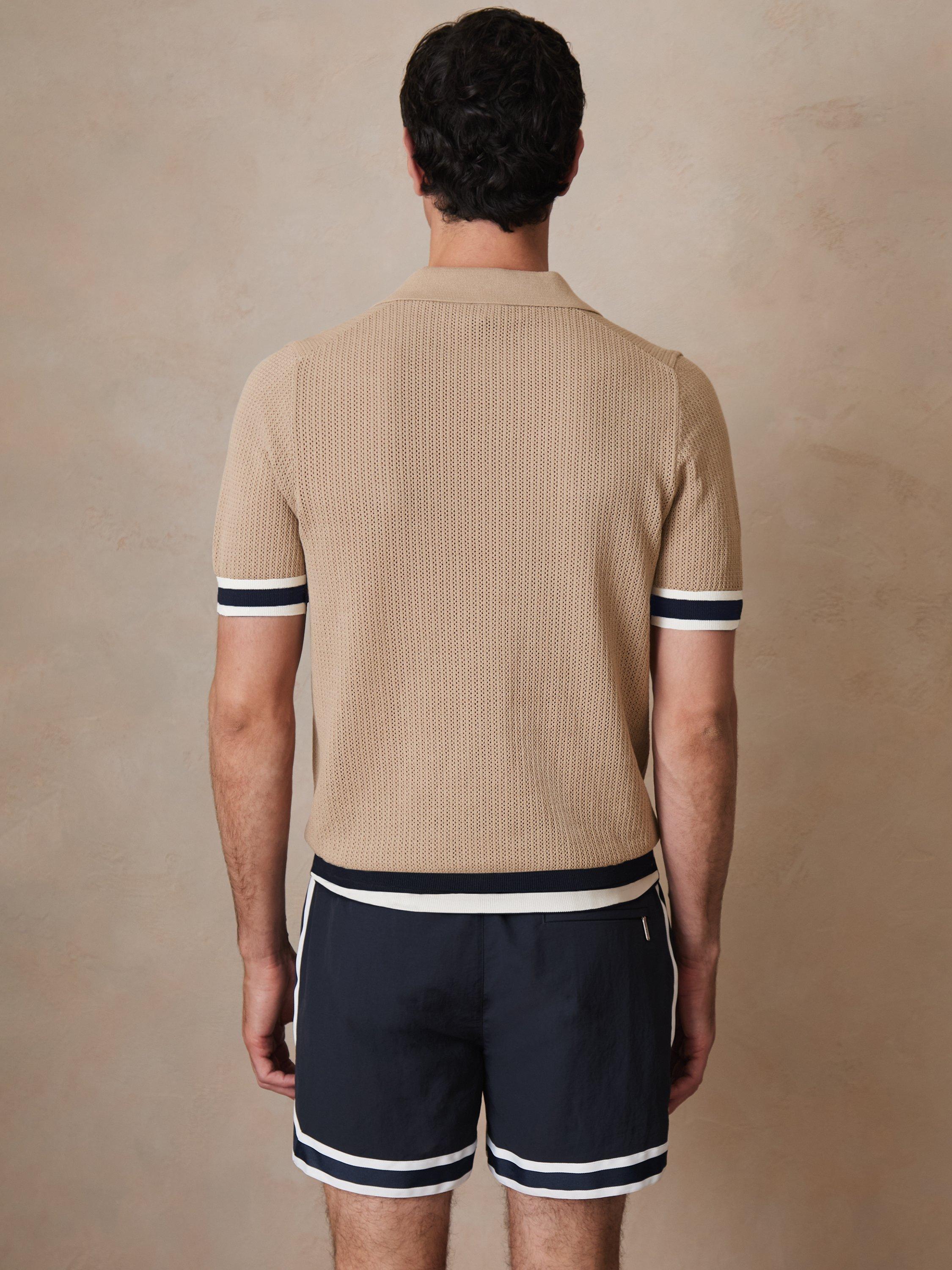 Product image 2 of 5, which shows Reiss x CHÉ Quinn Cotton Knit Short Sleeved Polo Shirt, Brown/Multi, XS
