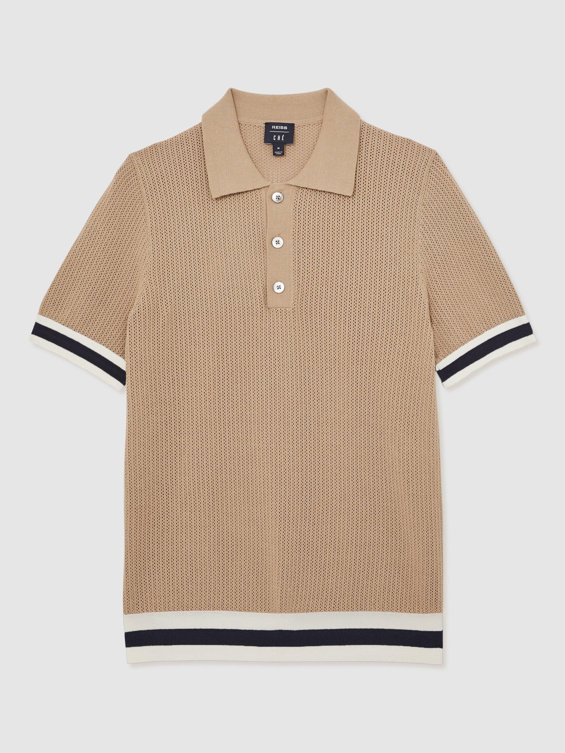 Product image 3 of 5, which shows Reiss x CHÉ Quinn Cotton Knit Short Sleeved Polo Shirt, Brown/Multi, XS