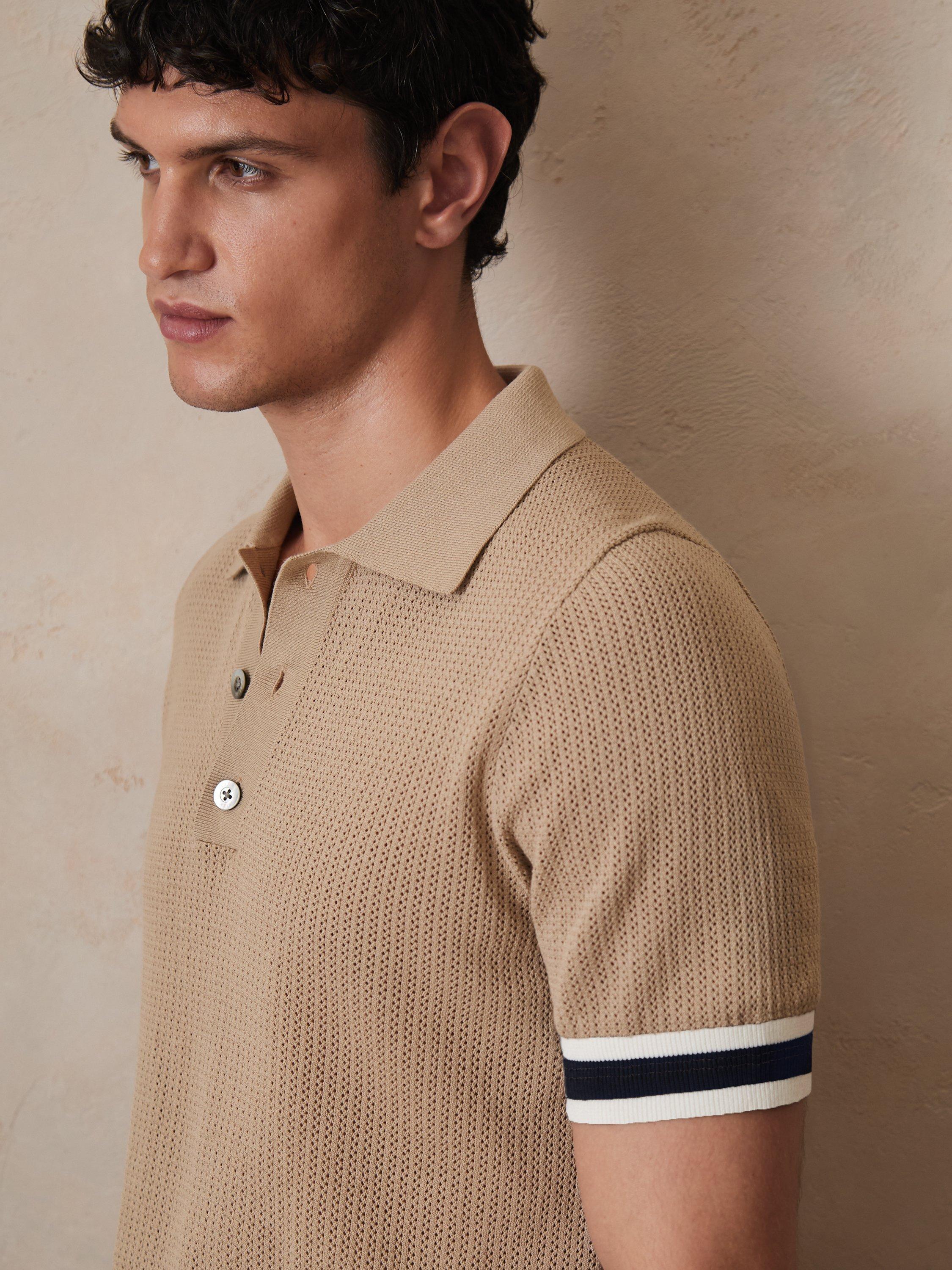 Product image 5 of 5, which shows Reiss x CHÉ Quinn Cotton Knit Short Sleeved Polo Shirt, Brown/Multi, XS