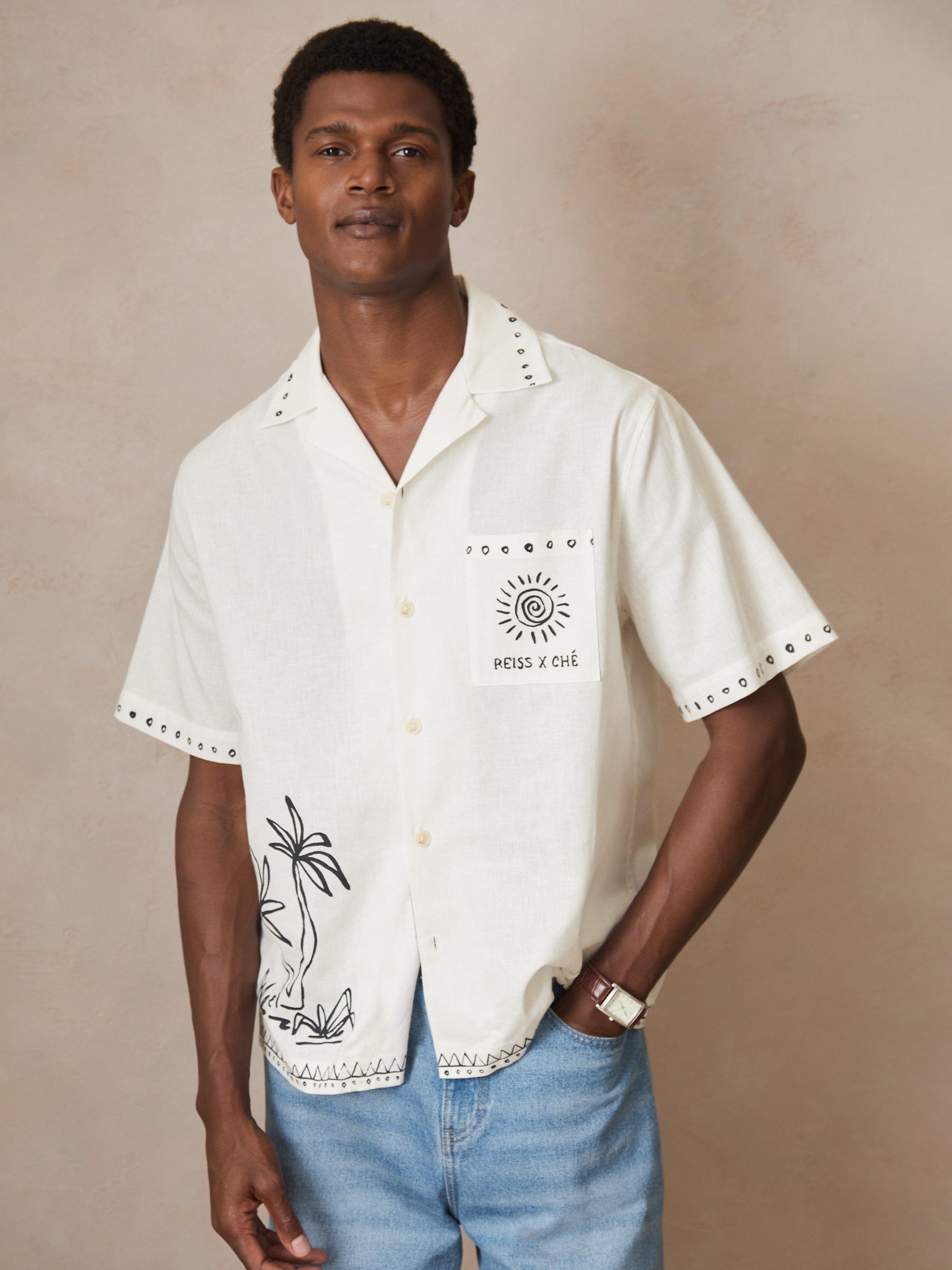 Product image 5 of 5, which shows Reiss x CHE Galera Linen Blend Regular Fit Sketch Palm Print Shirt, White, XS