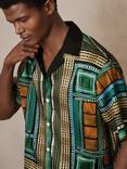 Reiss x CHÉ Sala Satin Short Sleeved Geometric Shirt, Green/Multi