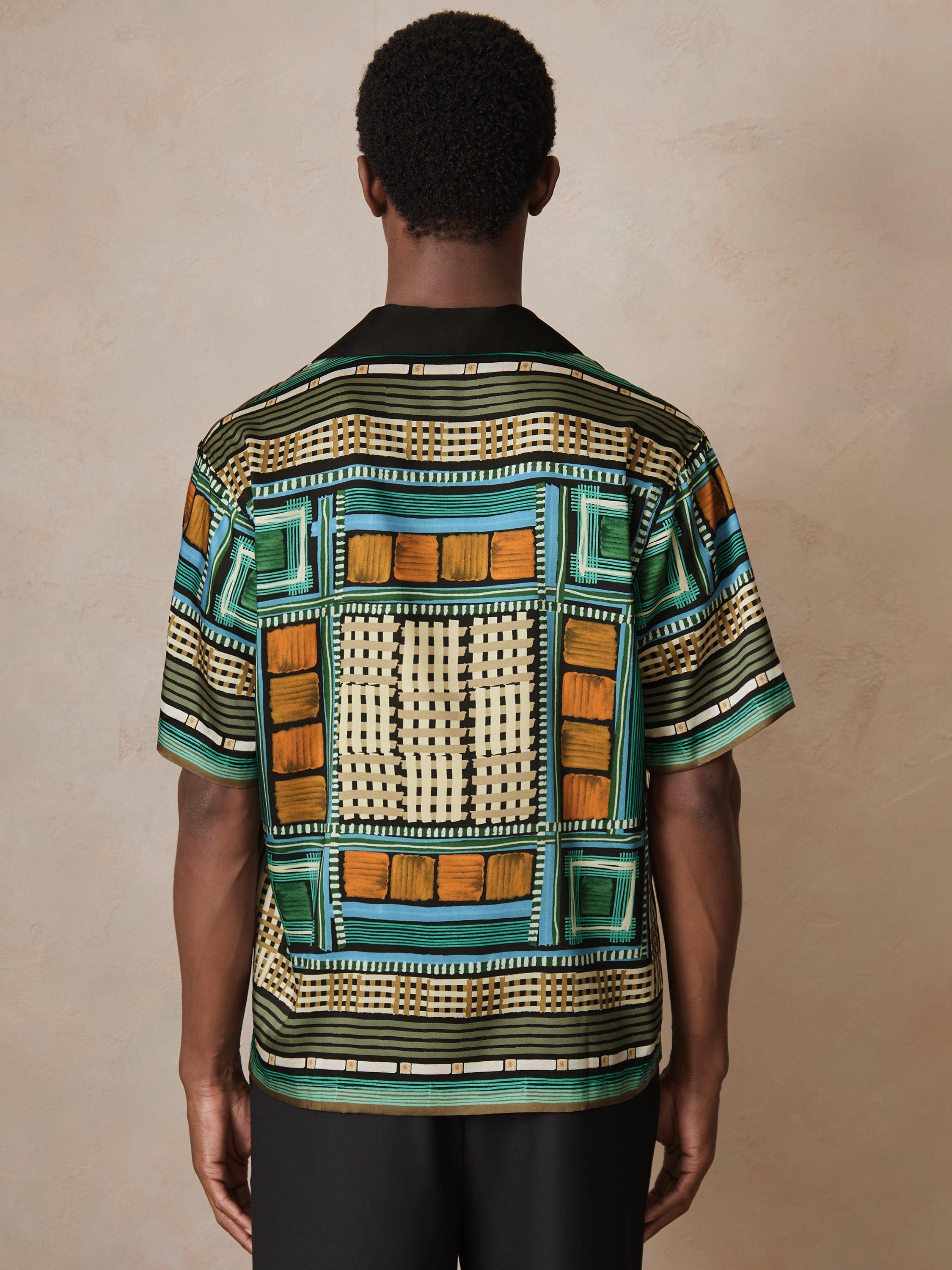 Product image 2 of 5, which shows Reiss x CHÉ Sala Satin Short Sleeved Geometric Shirt, Green/Multi, M