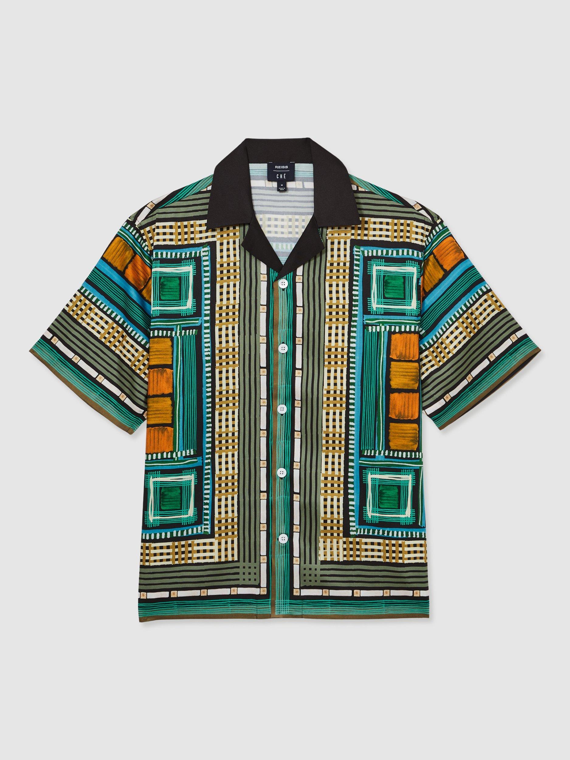 Product image 3 of 5, which shows Reiss x CHÉ Sala Satin Short Sleeved Geometric Shirt, Green/Multi, M