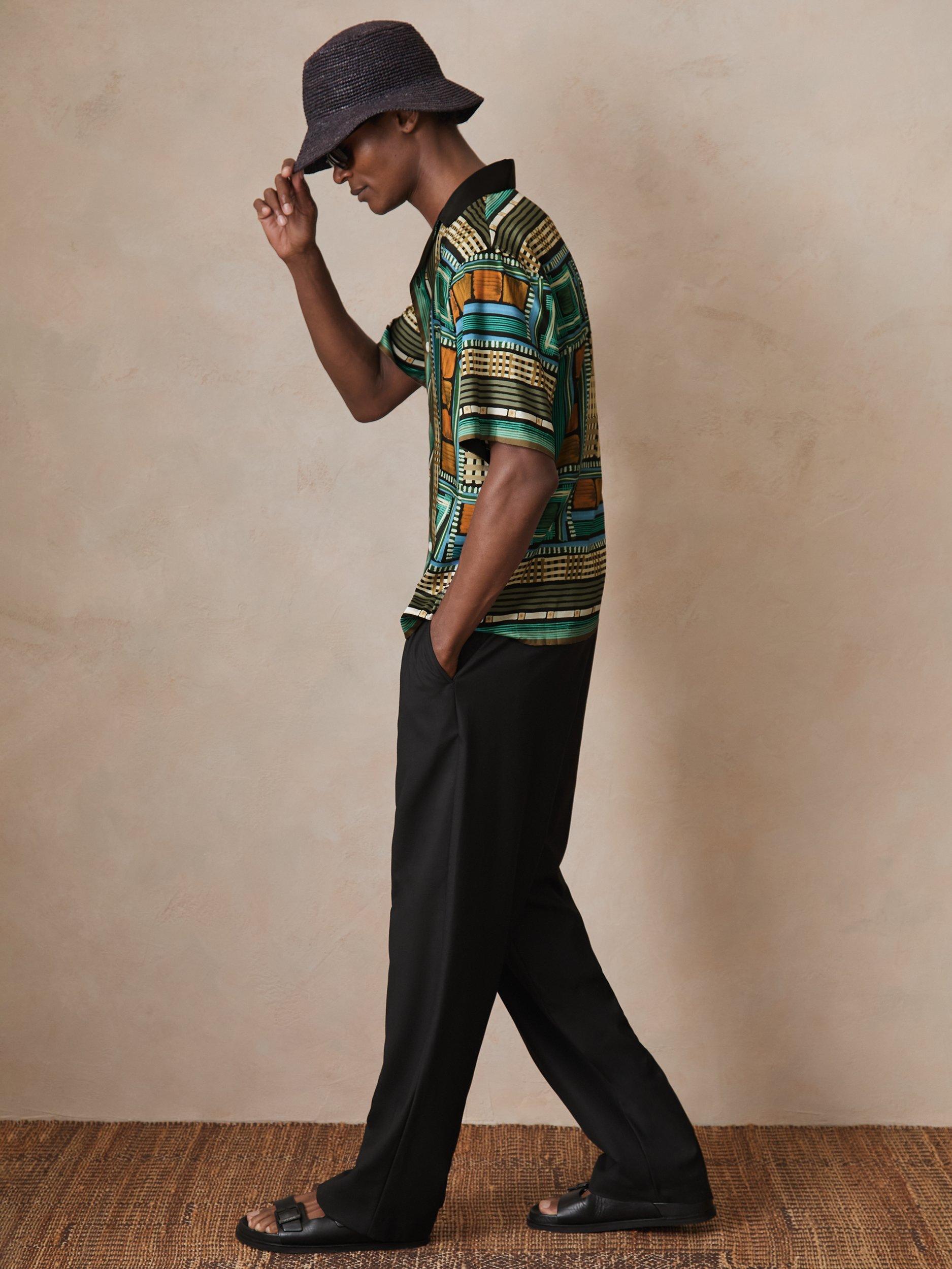 Product image 4 of 5, which shows Reiss x CHÉ Sala Satin Short Sleeved Geometric Shirt, Green/Multi, M