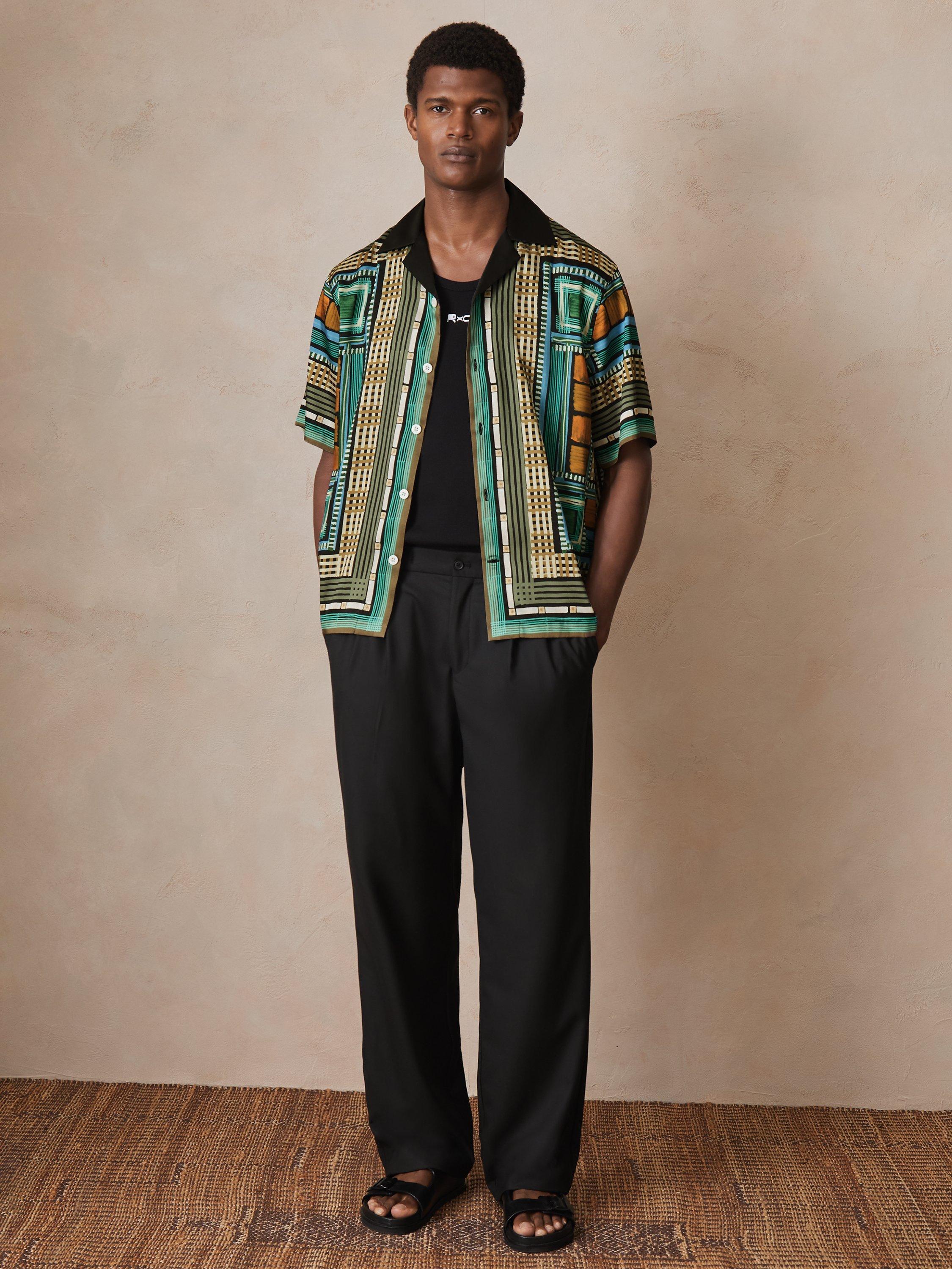 Product image 5 of 5, which shows Reiss x CHÉ Sala Satin Short Sleeved Geometric Shirt, Green/Multi, M