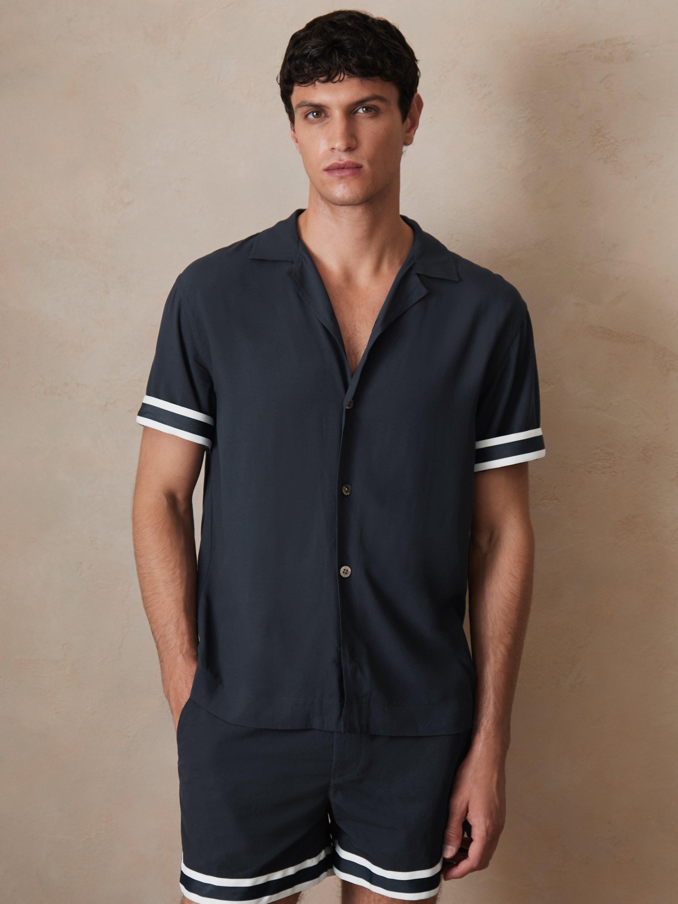 Product image 1 of 5, which shows Reiss x CHÉ Valbonne Stripe Cuff Shirt, Navy, M
