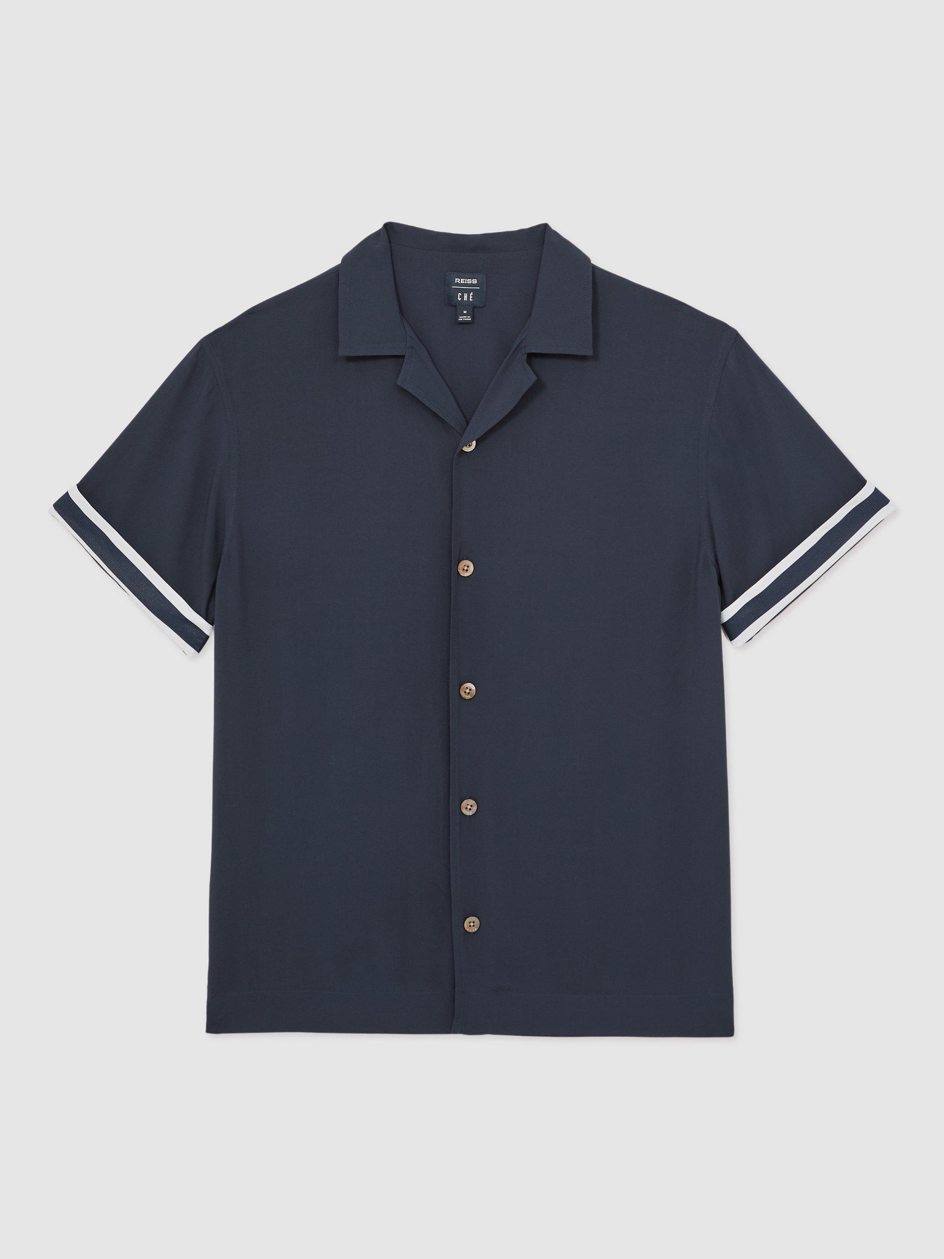 Product image 3 of 5, which shows Reiss x CHÉ Valbonne Stripe Cuff Shirt, Navy, M