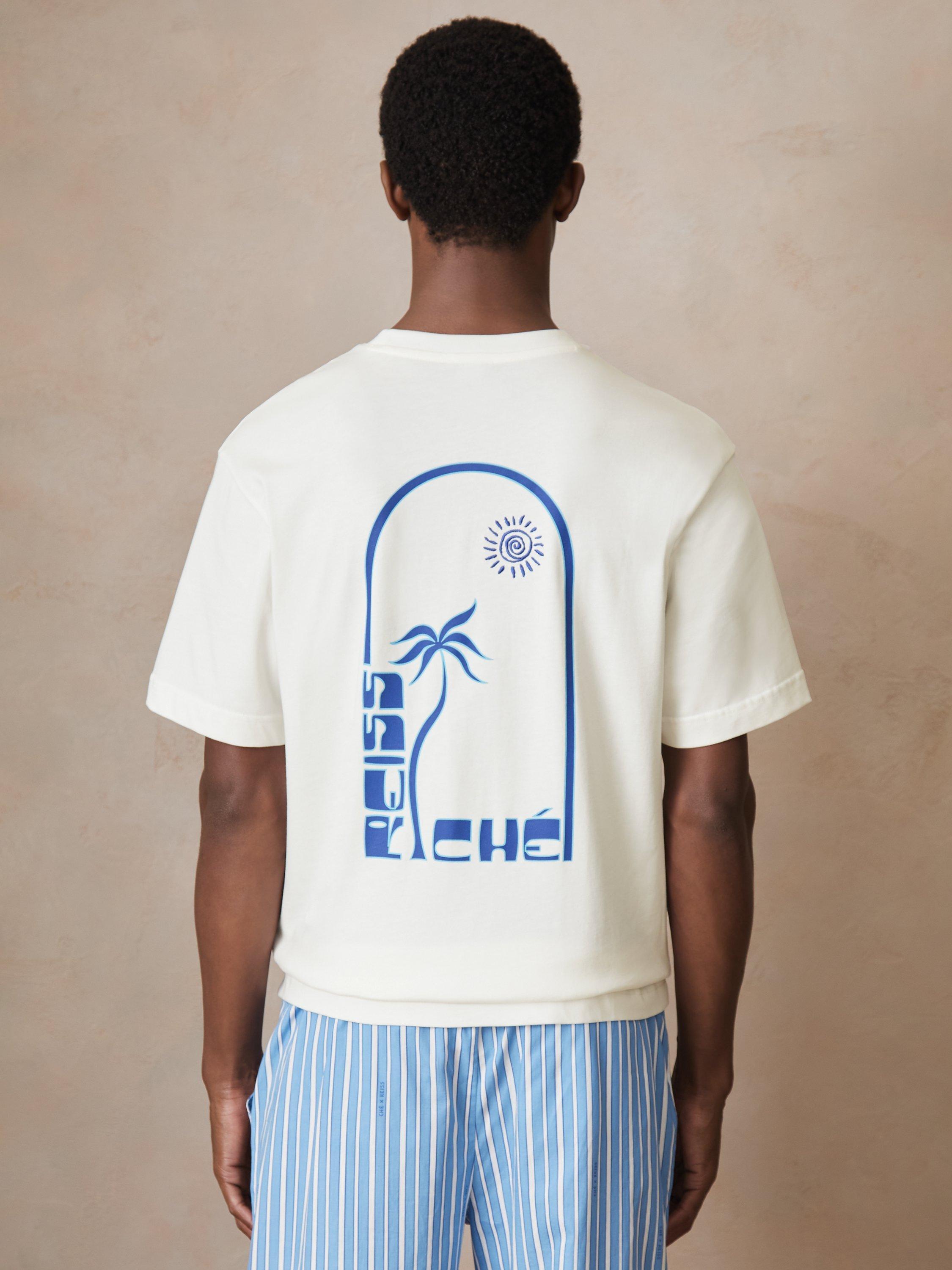 Product image 2 of 5, which shows Reiss x CHÉ Roda Cotton Short Sleeved Palm Tree T-Shirt, White/Multi, XS