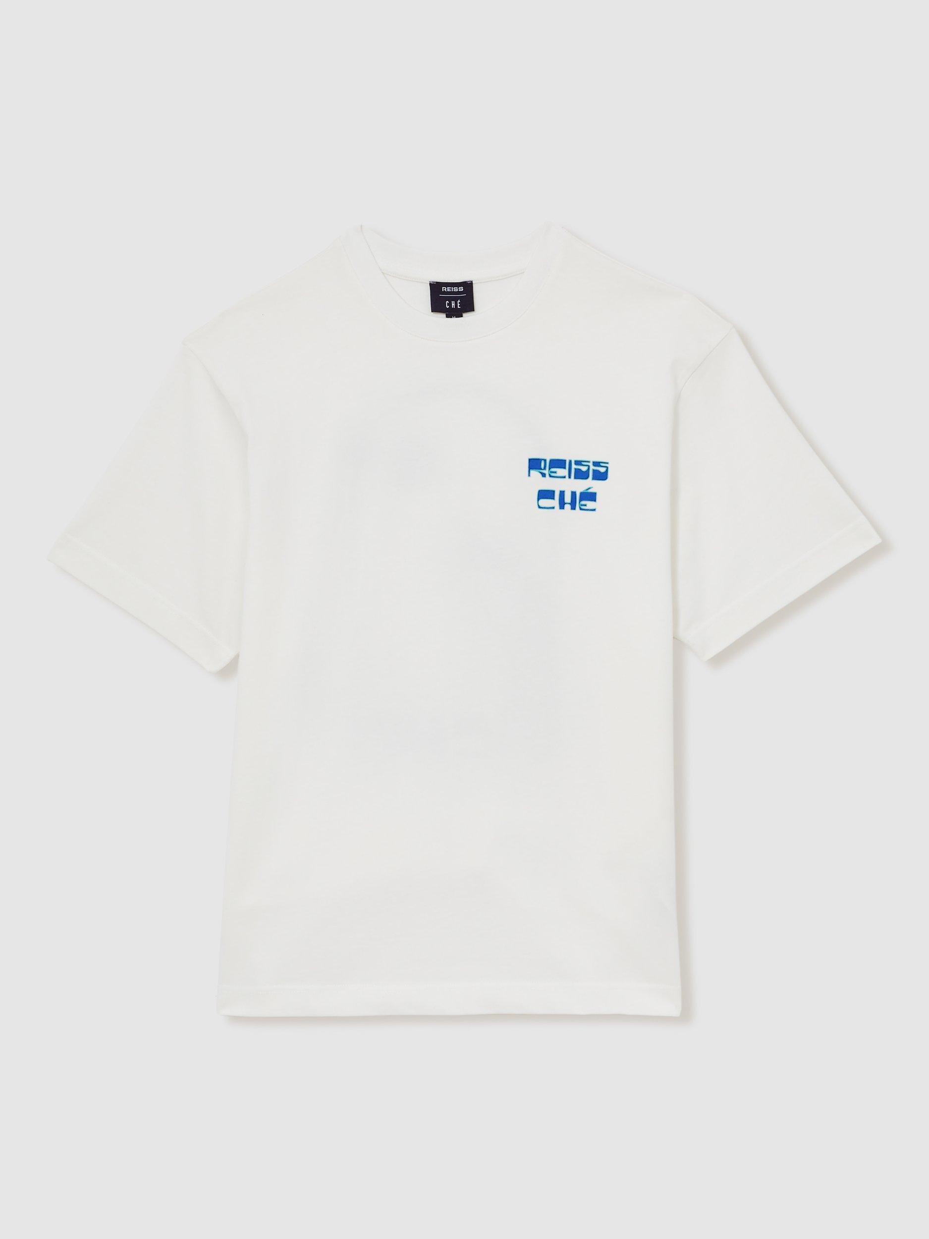Product image 3 of 5, which shows Reiss x CHÉ Roda Cotton Short Sleeved Palm Tree T-Shirt, White/Multi, XS