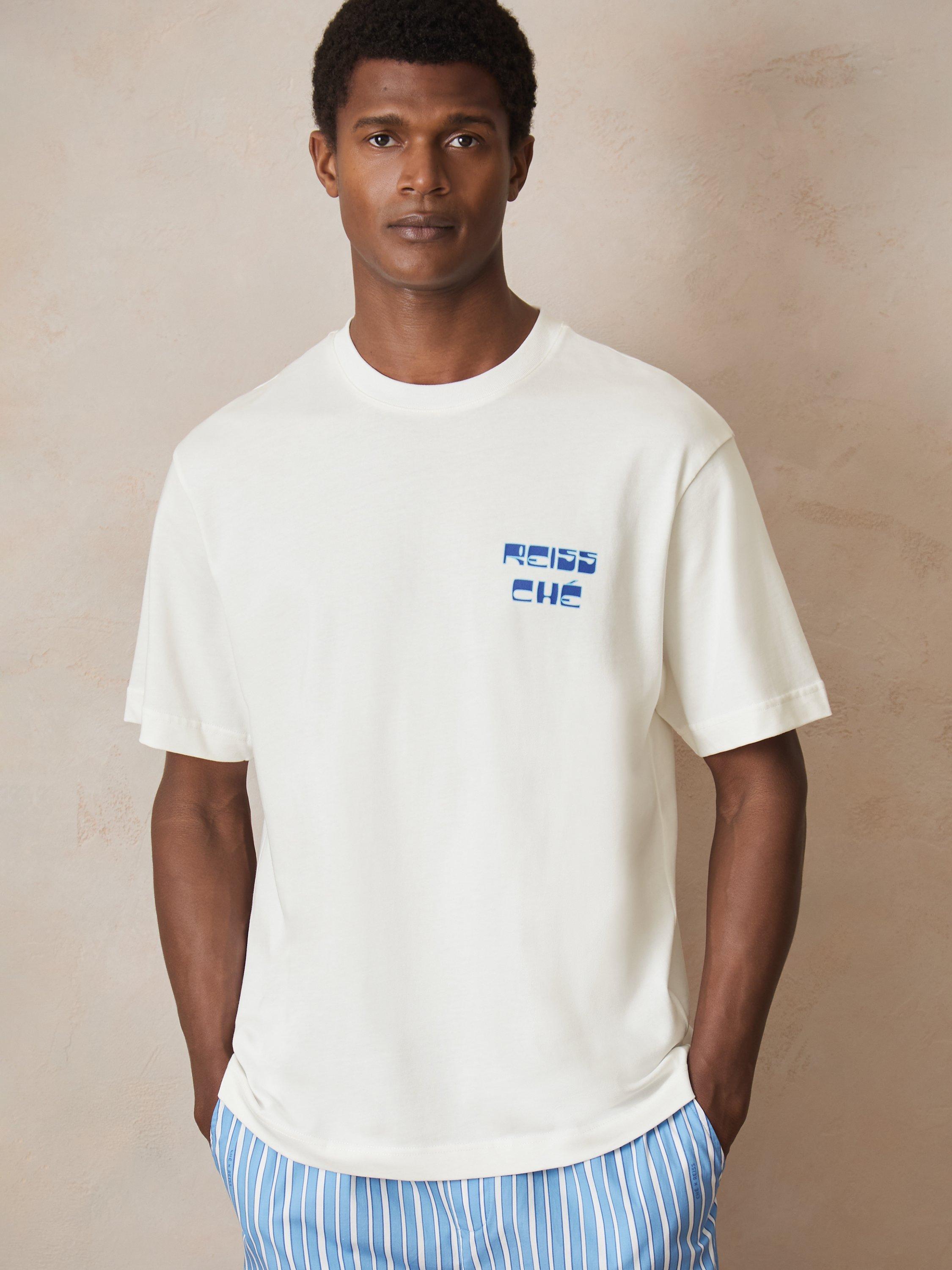Product image 4 of 5, which shows Reiss x CHÉ Roda Cotton Short Sleeved Palm Tree T-Shirt, White/Multi, XS