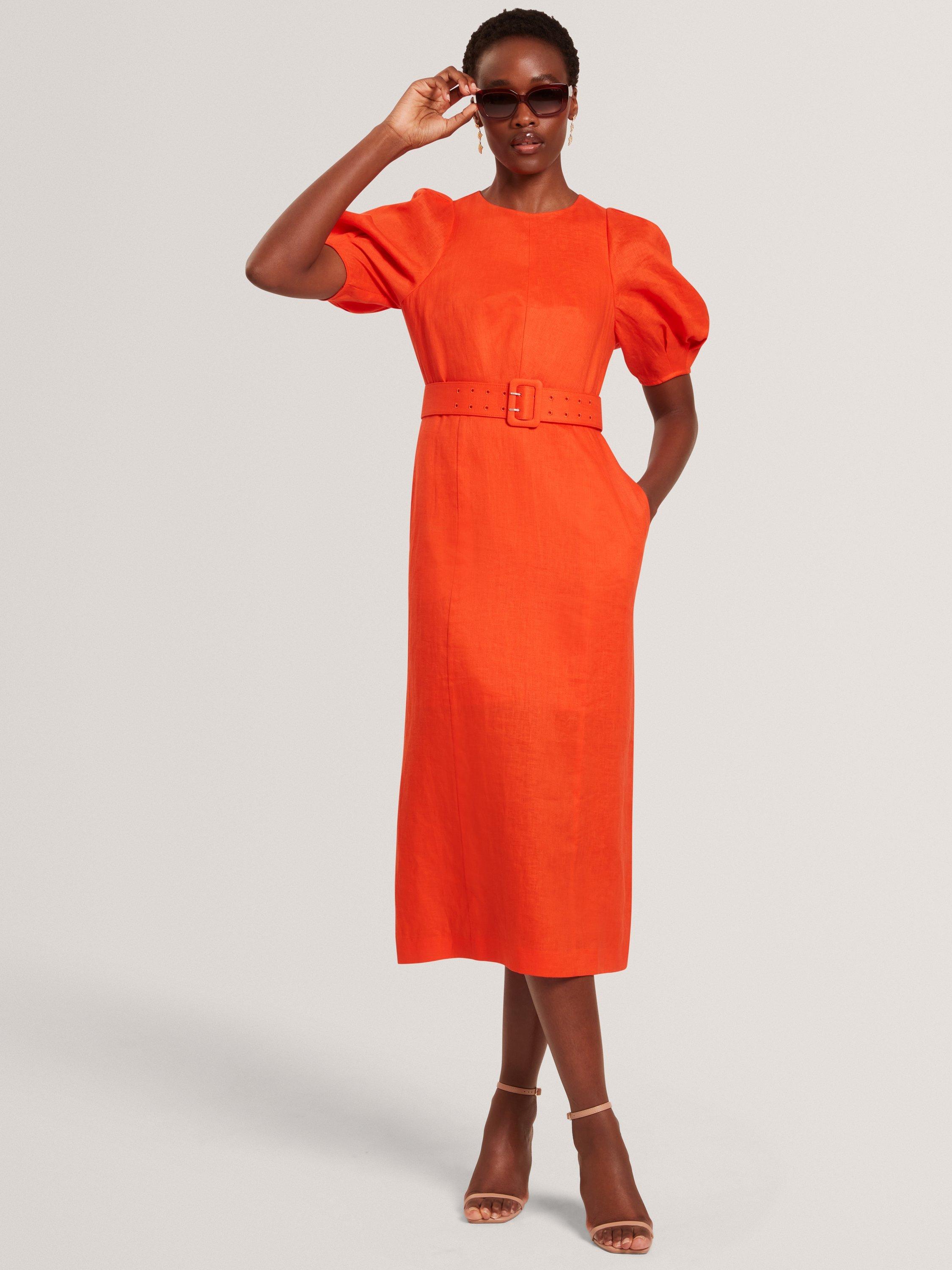 Product image 1 of 7, which shows Ted Baker Belted Puff Sleeve Midi Dress, Orange, 6
