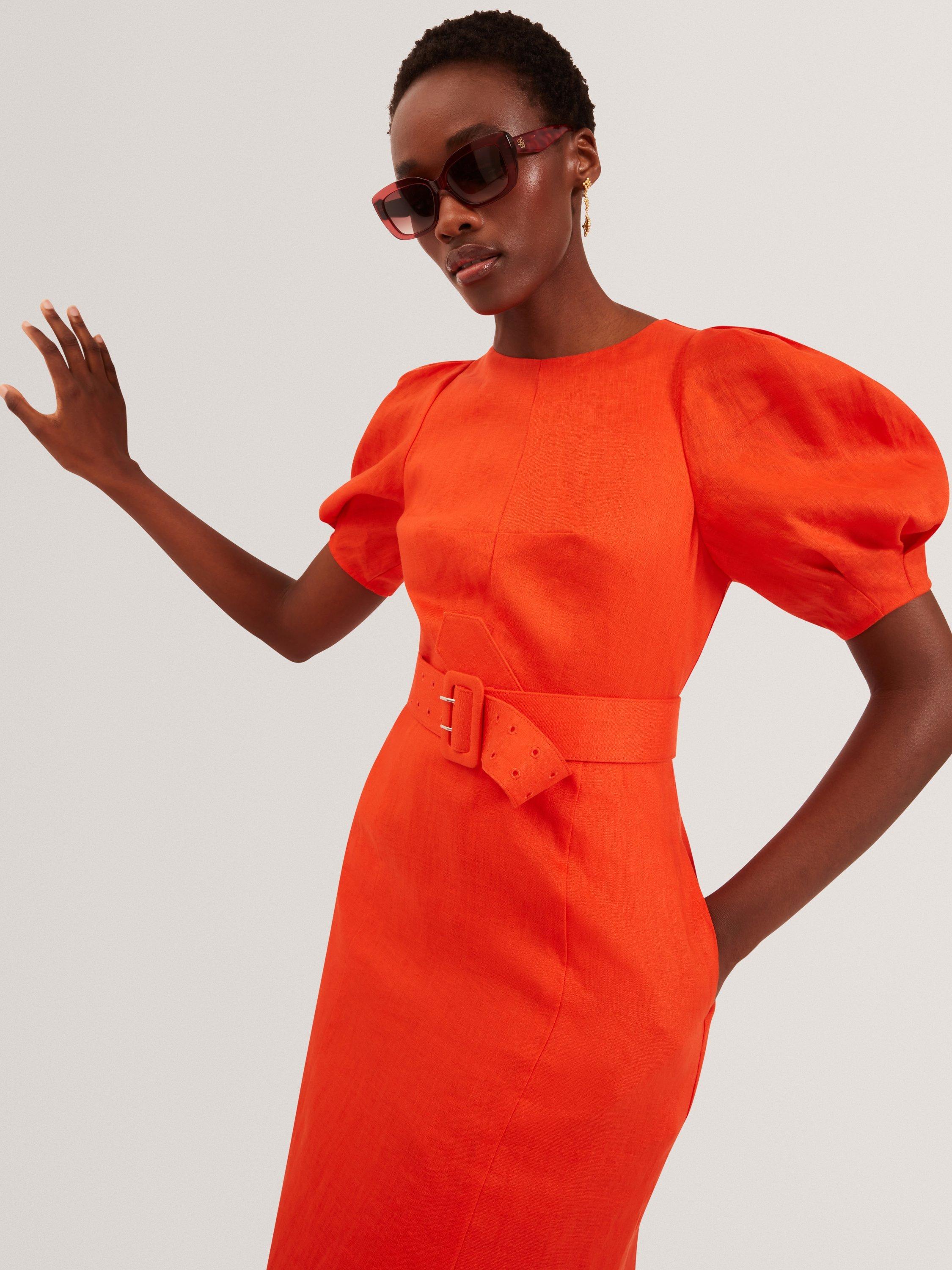 Product image 3 of 7, which shows Ted Baker Belted Puff Sleeve Midi Dress, Orange, 6