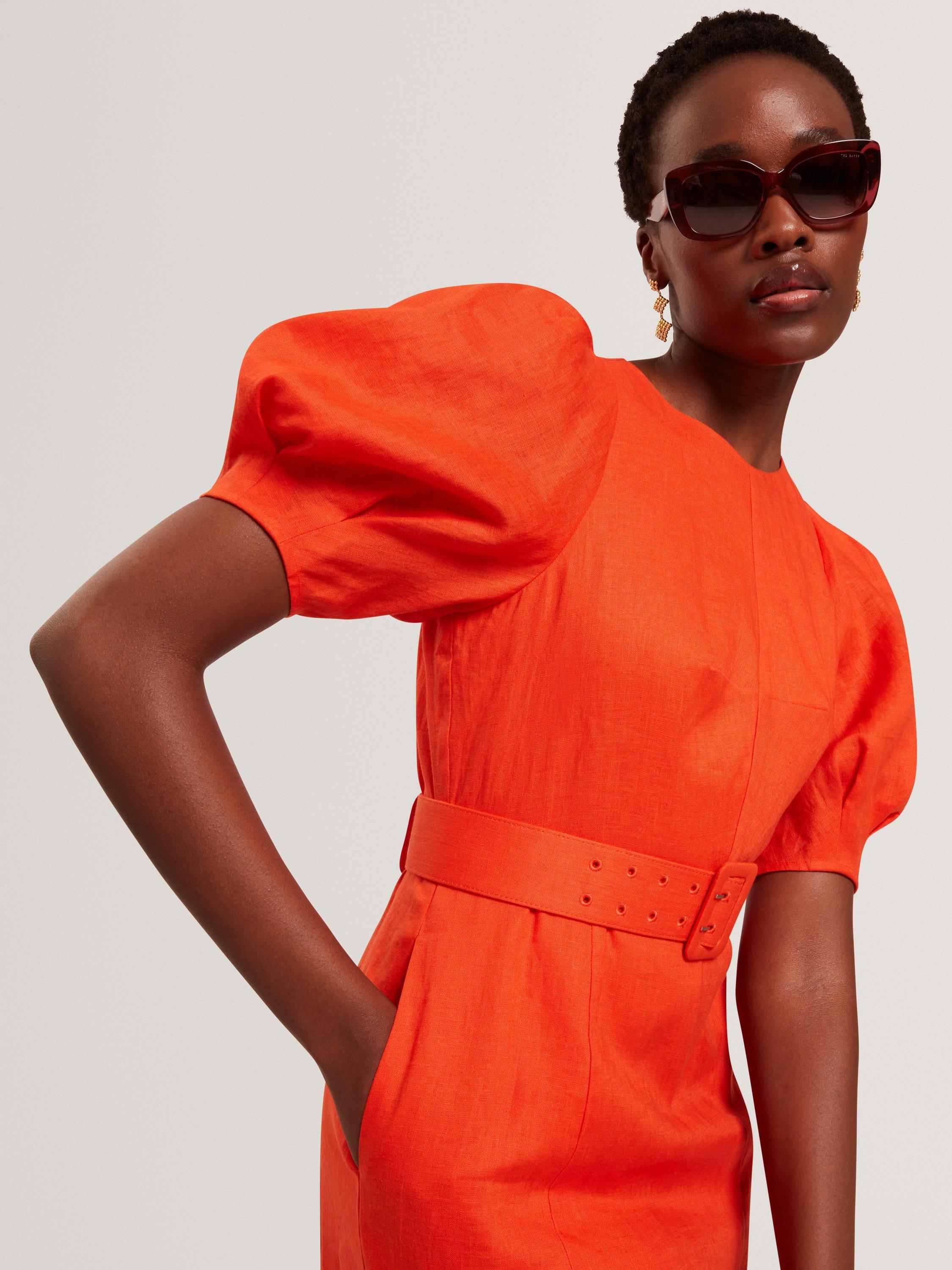 Product image 4 of 7, which shows Ted Baker Belted Puff Sleeve Midi Dress, Orange, 6