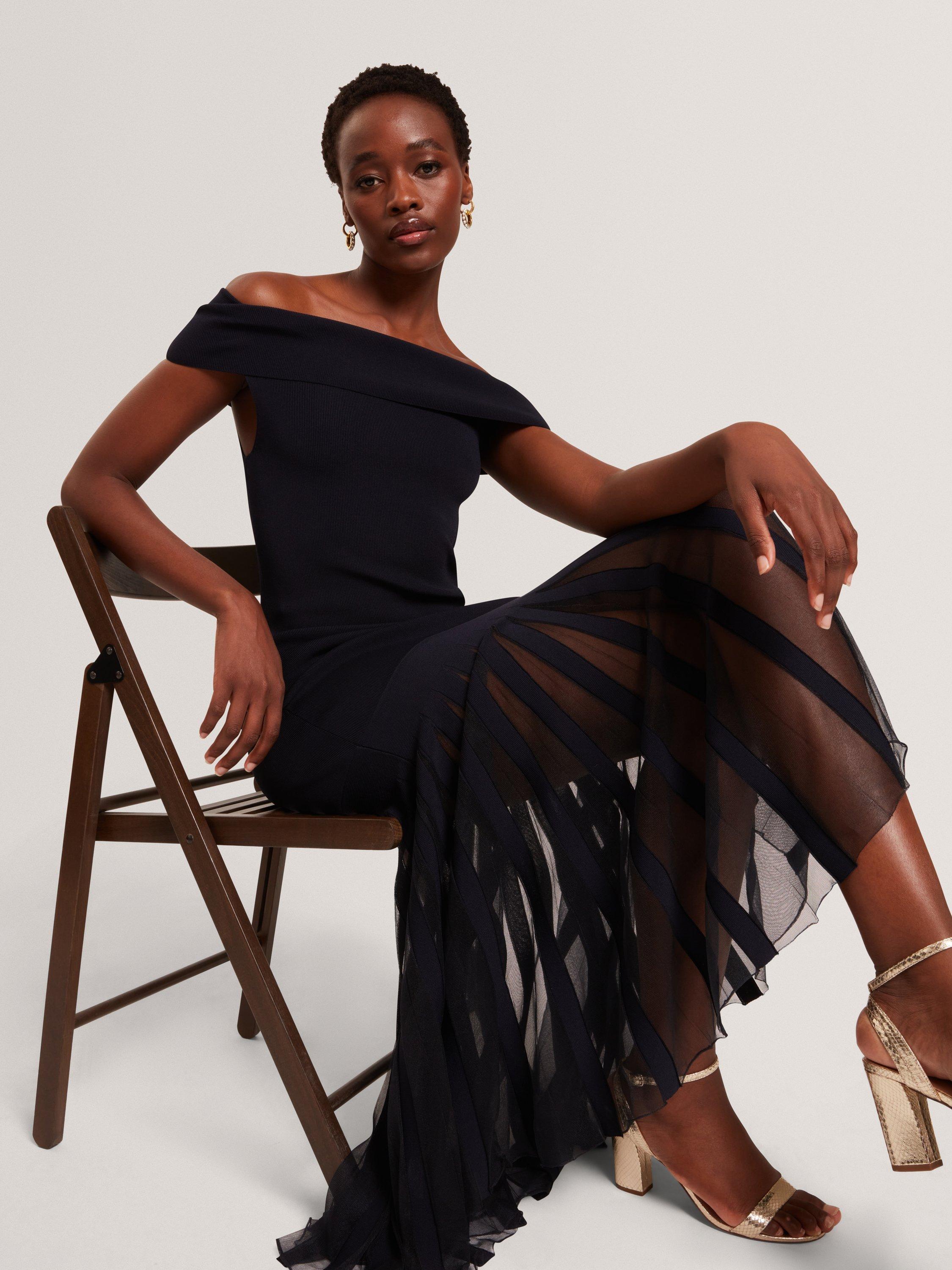 Product image 1 of 6, which shows Ted Baker Drop Waist Off Shoulder Knit Dress, Navy, 6