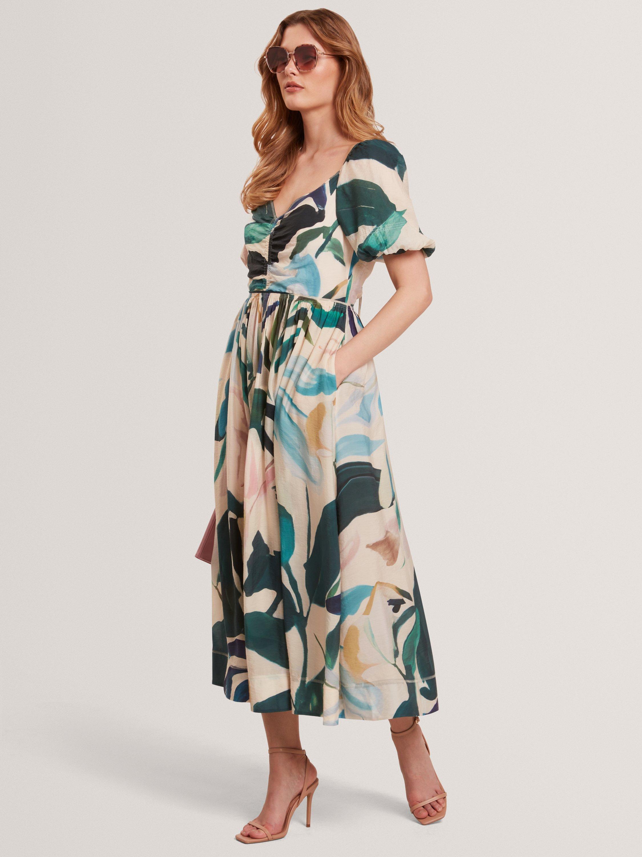 Product image 1 of 5, which shows Ted Baker Abstract Floral Puff Sleeve Midi Dress, Pink, 6