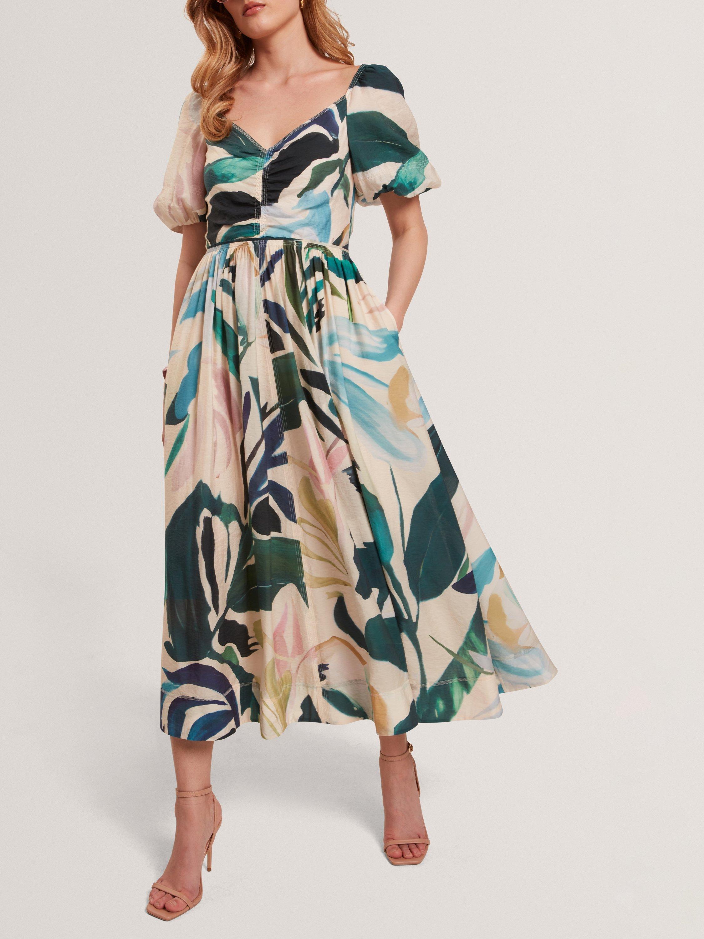 Product image 2 of 5, which shows Ted Baker Abstract Floral Puff Sleeve Midi Dress, Pink, 6